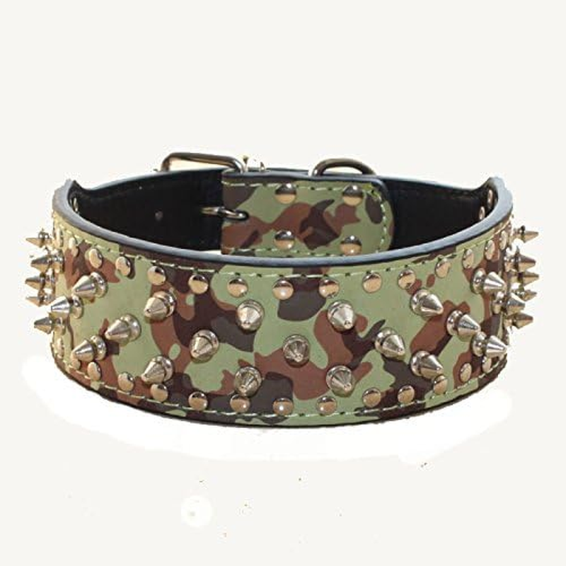 Haoyueer Studded Dog Collars Leather Medium Large Dog Collars Harness and Chain Leashes Matching Set for Pit Bull Mastiff Boxer Bull Terrier (XL, Camouflage)