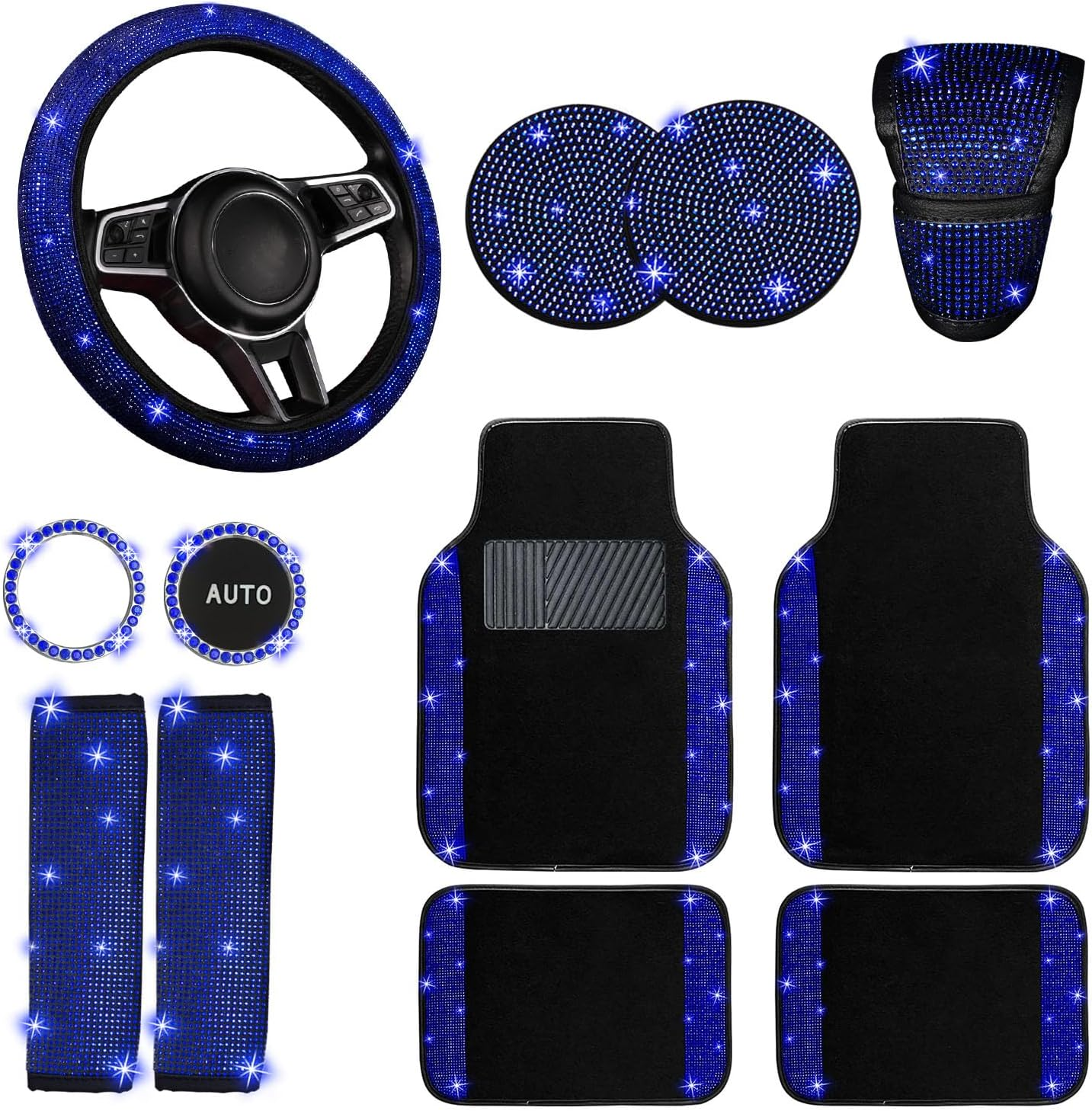 NBTEPEM 8 Pcs Bling Car Accessories Set for Women, Steering Wheel Cover, Sparkly Seat Belt Covers, Bling Gear Shift Cover, Universal Fit Most Cars (Silver Diamond)
