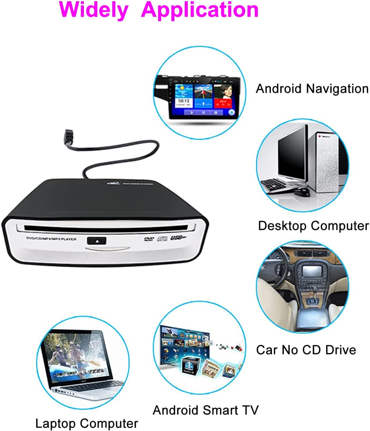 External Car Universal CD Player with USB for Android Navigation - Plug and Play (Android Version 4.4 and Above) image number 4