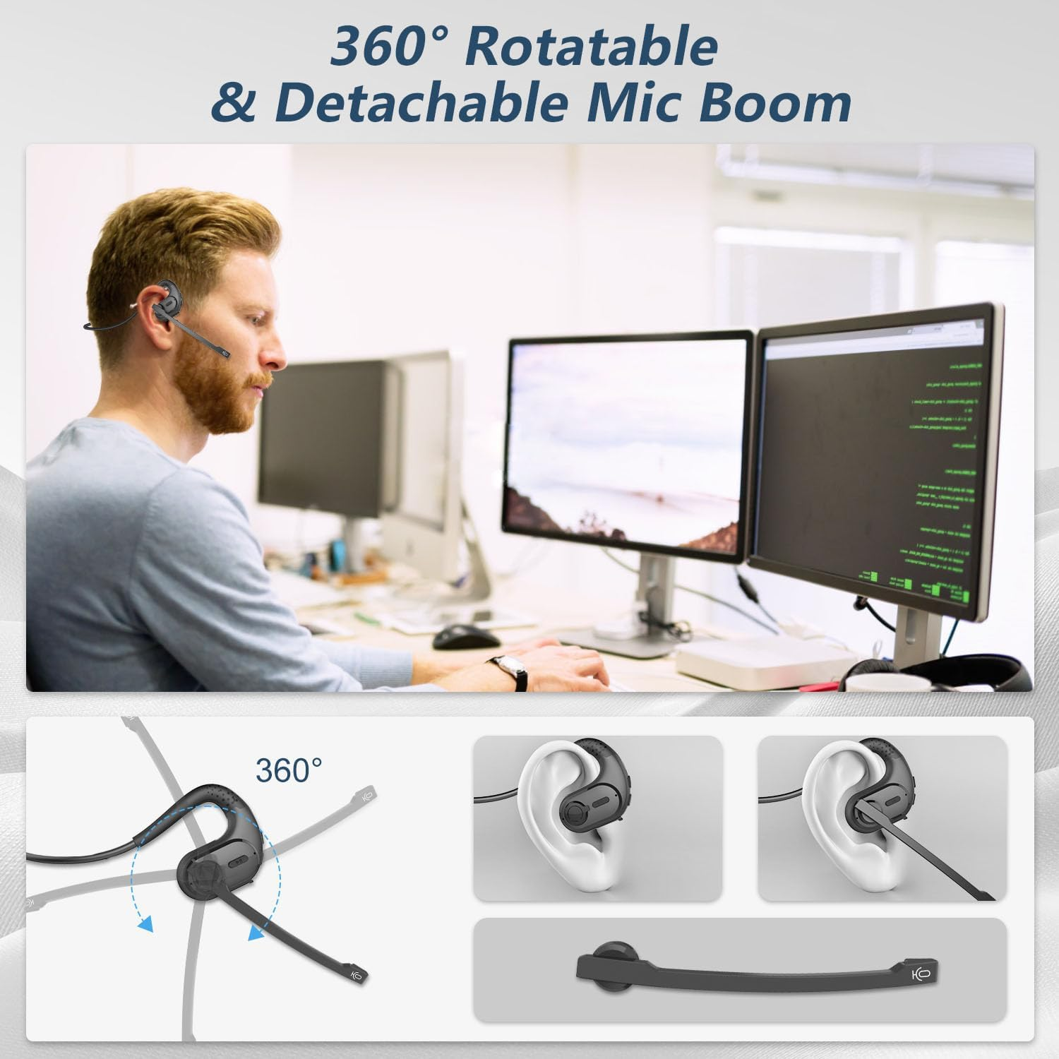 BANIGIPA Bluetooth Headset with Removable Microphone, Noise Cancelling Wireless Headset for Phones Laptop Computer PC, Open Ear Headphones for Office Meeting Running Cycling Driving Working-12 Hrs image number 6