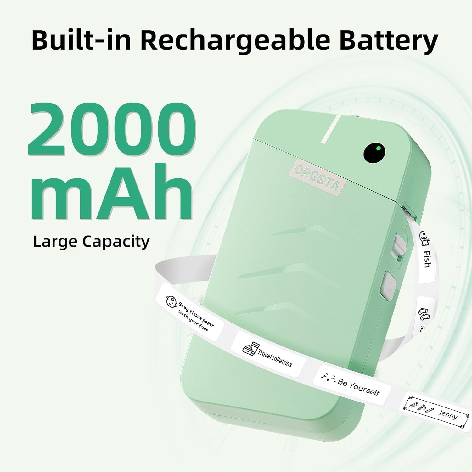 ORGSTA S001 Label Printer Bluetooth Portable Mini Label Printer Self-Adhesive Labelling Device for Home, Office, School, Compatible with Ios & Android (Green image number 2