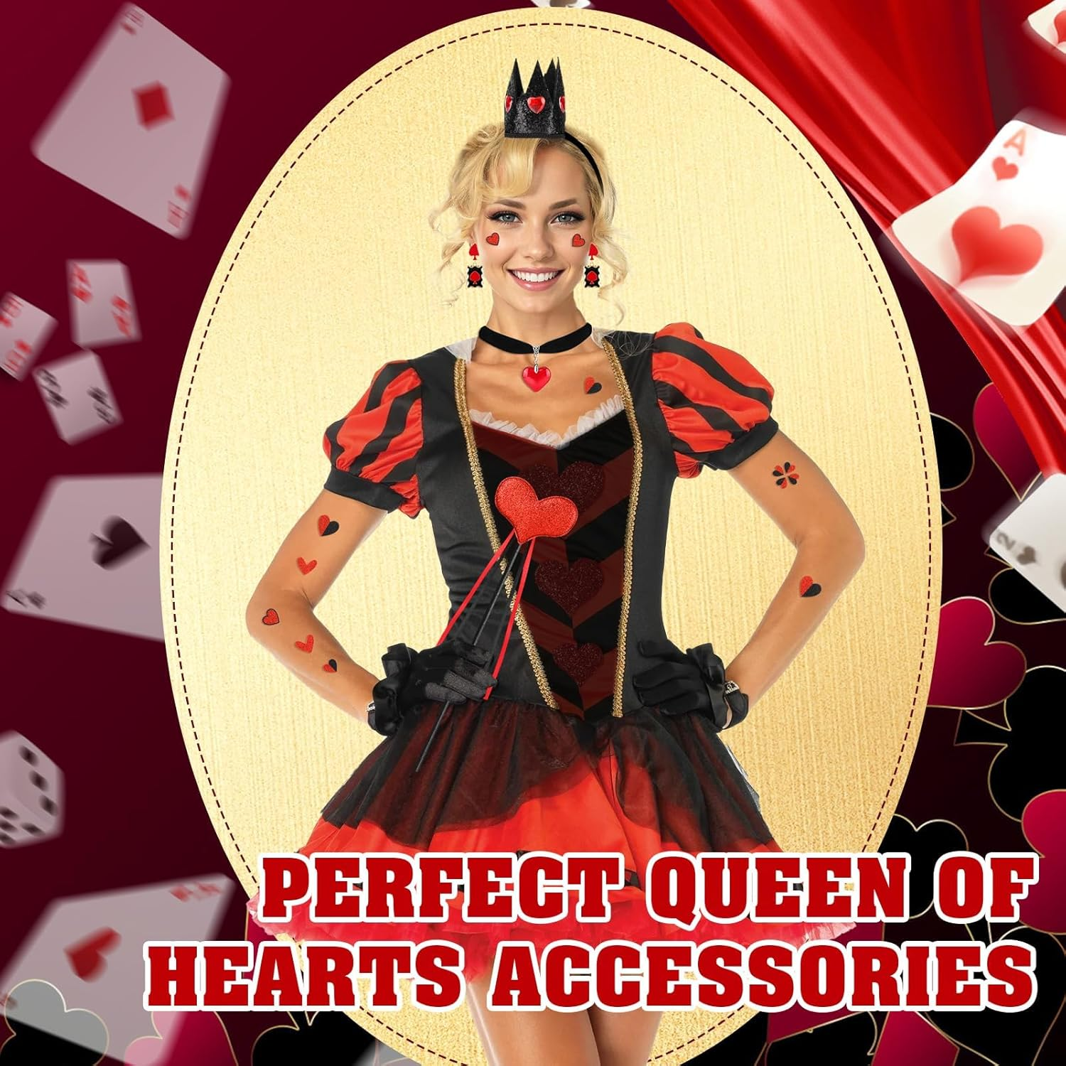 Queen of Hearts Accessories Set, Crown Headband Earings Necklace Wand Face Stickers, Queen of Hearts Costume Accessories Women for Halloween Carnival World Book Day Cosplay Party - Black image number 6