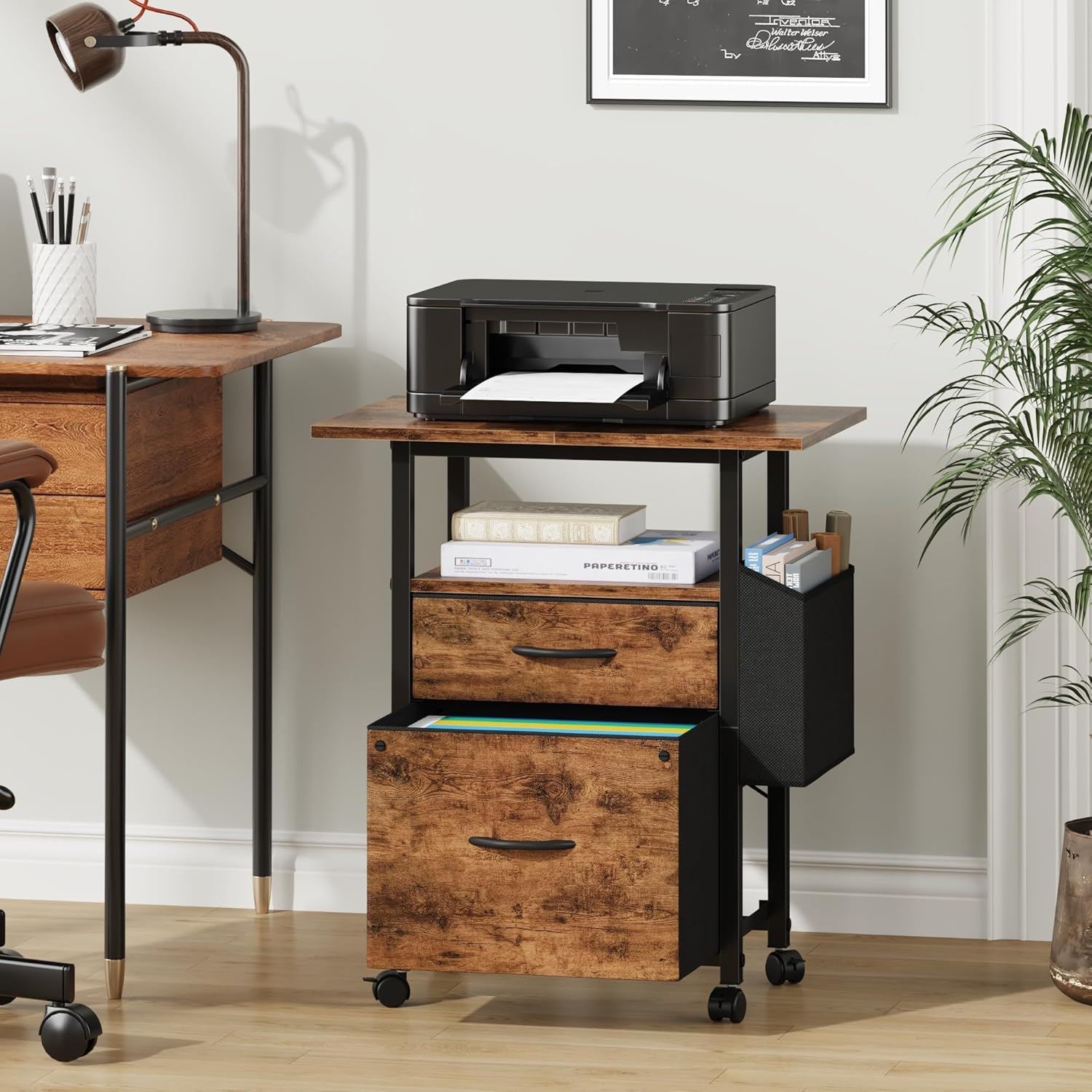 GYIIYUO 2 Fabric Drawer File Cabinet with 24'' Extended Desktop, Mobile Filing Cabinet, Rolling File Cabinet with Side Bag, Fits A4 Size, Home Office, Light Brown image number 4