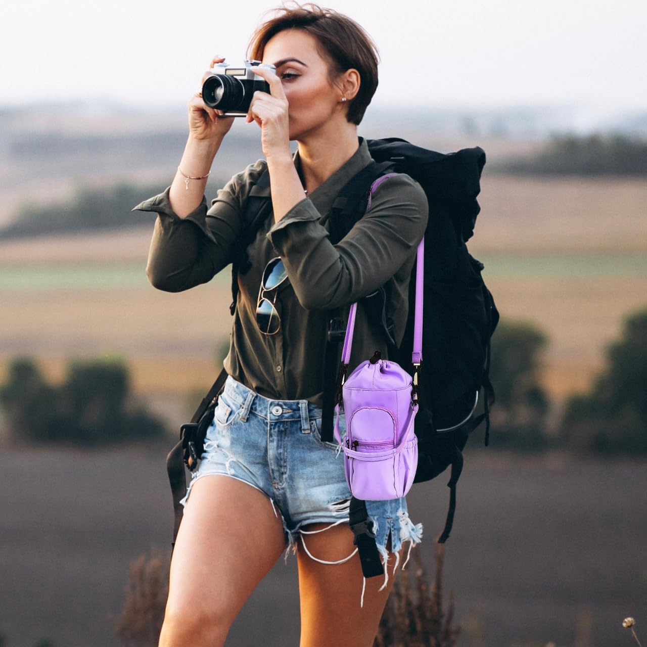 STOBAZA Water Bottle Pouch with Drawstring Closure Versatile Outdoor Carrying Bag for Hiking Camping and Travel with Ample Storage and Double Straps image number 5