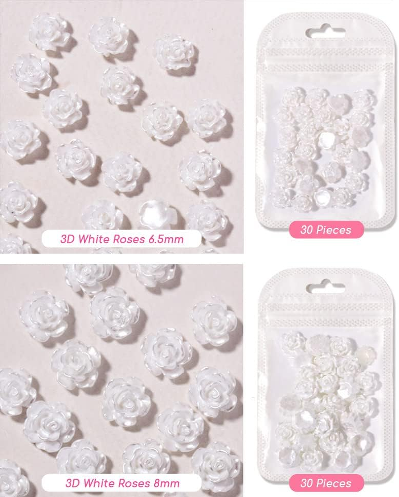 60 Pieces of 3D Nail Art Roses, Beauties Factory Resin Rose 6.5Mm & 8Mm Snow White ICY Aurora Tips Decorations (White) image number 5