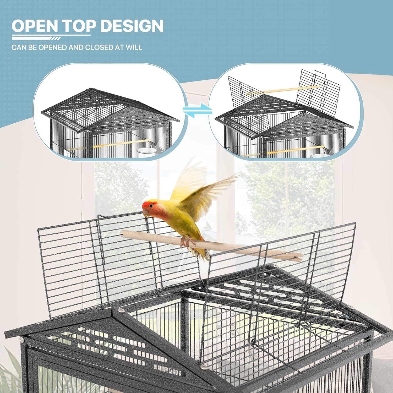 Bird Cage 46 X 46 X 136Cm Large Guinea Pig Pet Birds Parrot Ferret Cages Aviary Budgie Finch Canary Stand Toys,Black 2 Perch with Wheels W/Brake + Slide-Out Removable Tray