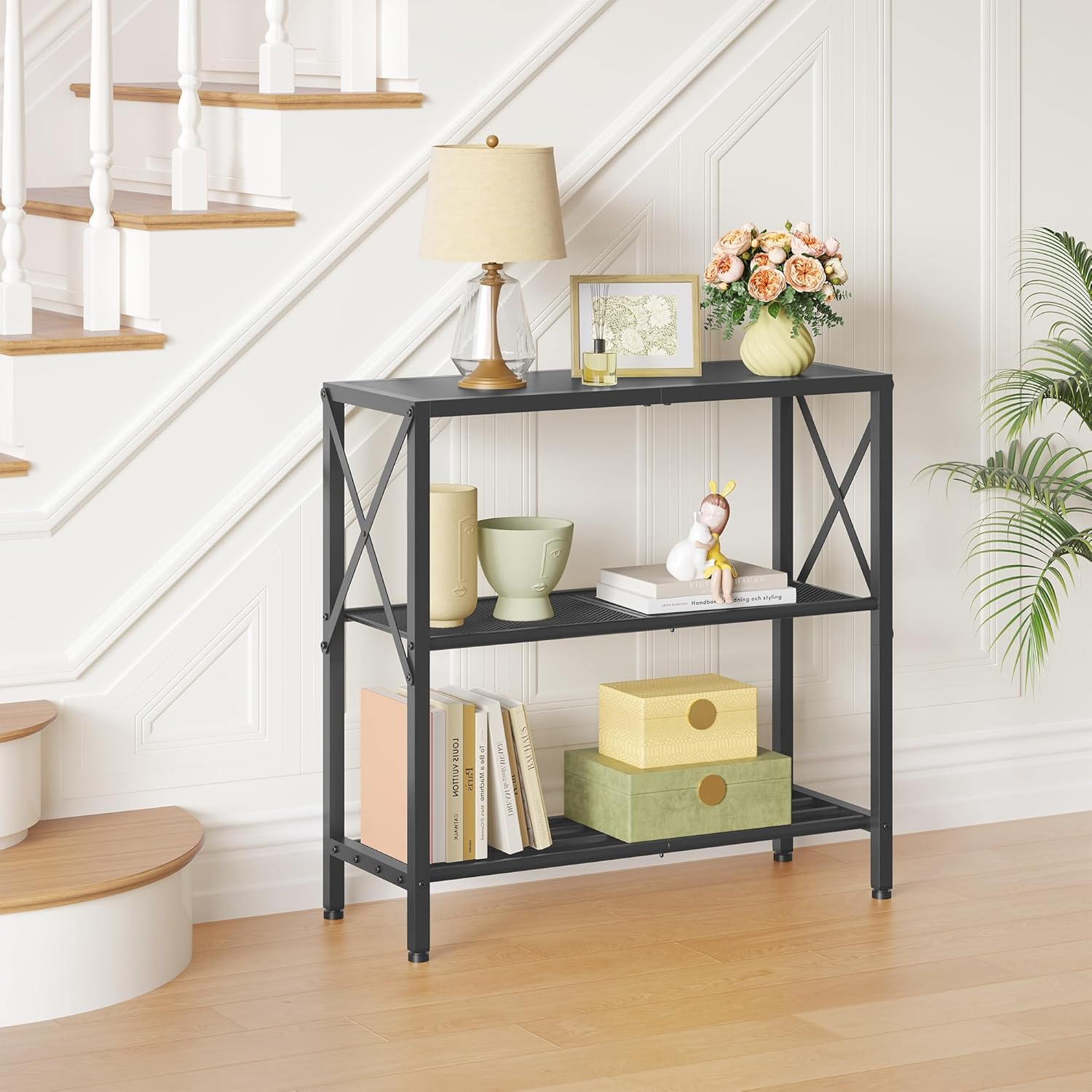 Hoctieon Industrial Console Table, 3-Tier Entryway Table, Metal Frame, Sofa Tables with Shelf, Hallway Desk, Entrance Desk for Entryway, Living Room, Foyer, Hallway, Black image number 3