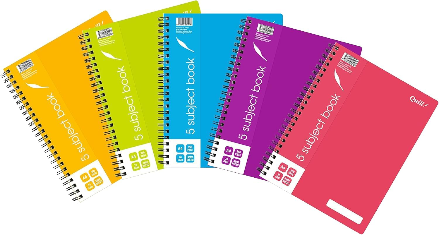 Quill, 5 Subject Notebook A4, 250 Pages, 8Mm Ruled, 70Gsm, 7 Punched Holes, with Red Margin and Perforated Pages, Water Resistent Cover, Random Colour image number 2