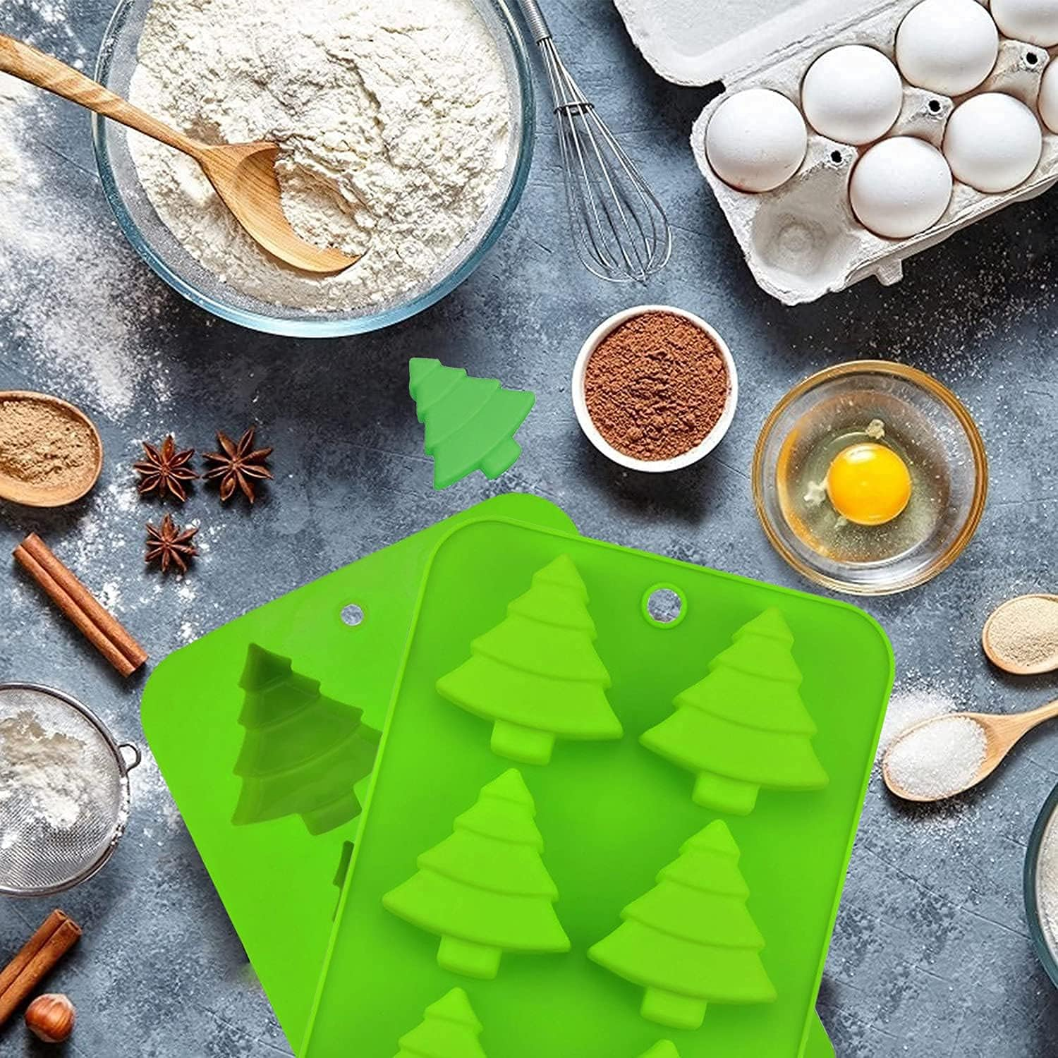 6 Christmas Tree Silicone Molds, Multipurpose Baking Trays, Non-Stick, Heat Resistant, Green image number 1