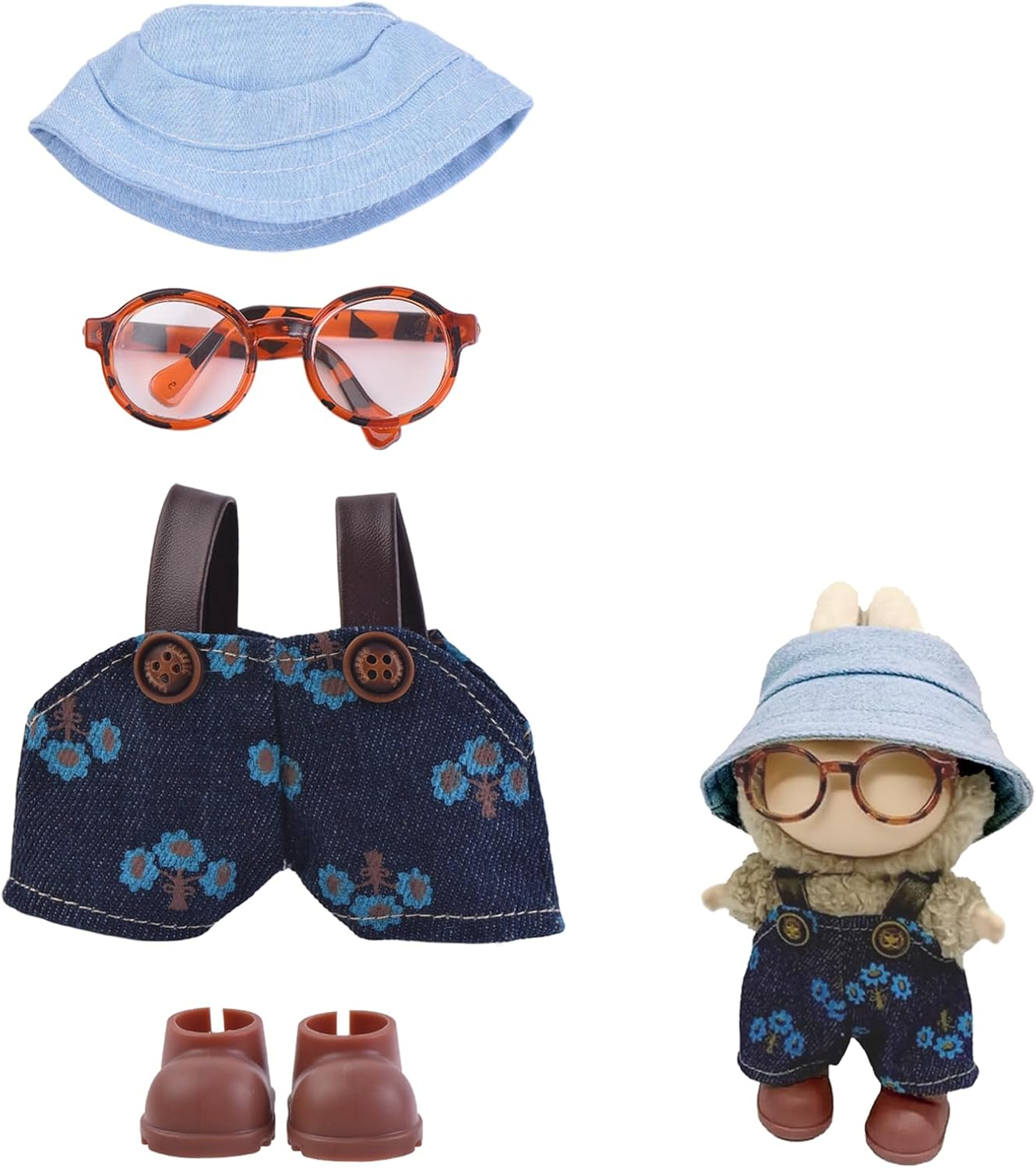 Doll Clothes Set for Labubu, Ocean Blue Overalls Outfit with Hat, Shoes & Glasses Accessories - Fits 17Cm Dolls