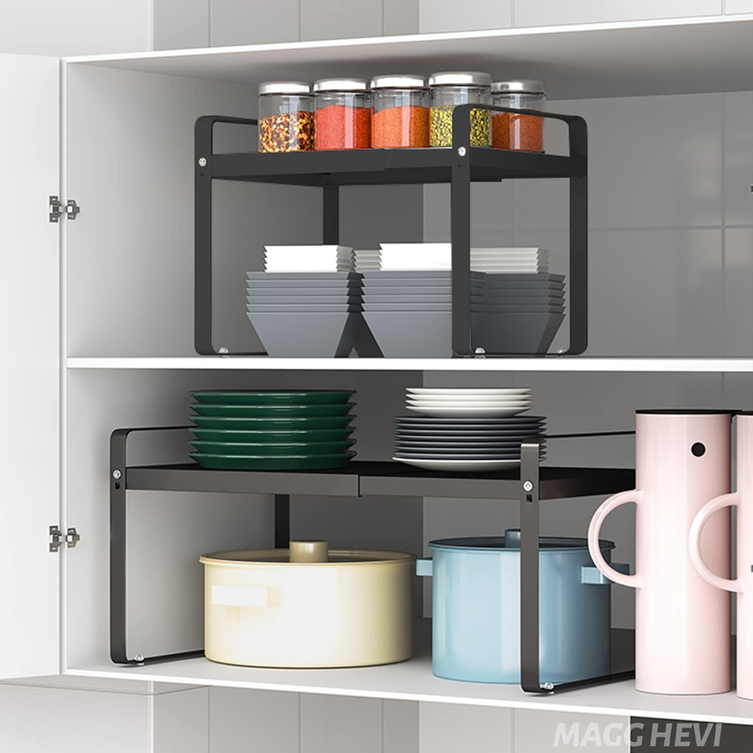 MAGGHEVI Expandable Cabinet Shelf Organizer Storage Rack，Cupboard Stand Spice Rack，Pantry Shelves Space Riser for Kitchen Bathroom，Metal Plate Heavy Duty Nonslip (Black) - Black image number 4