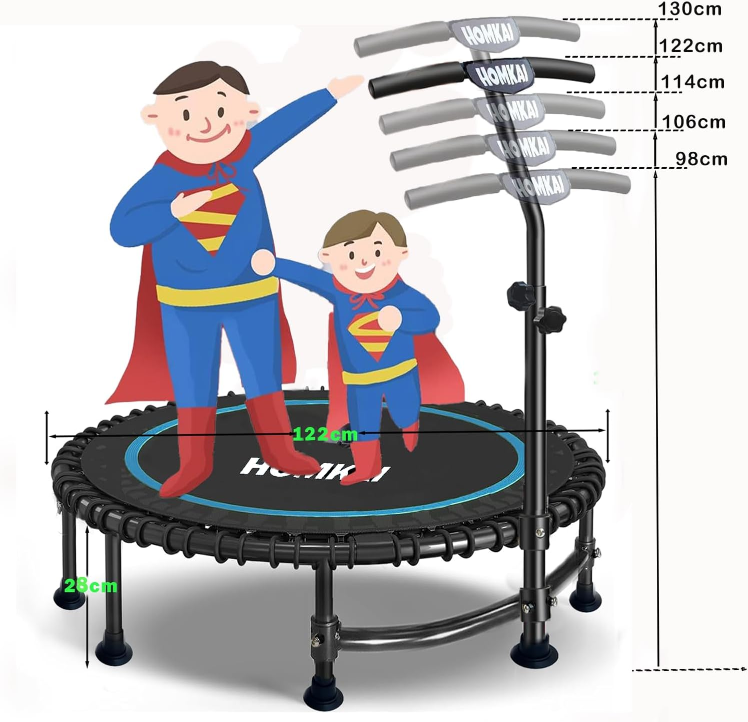 HOMKAI 48" Foldable Mini Trampoline Rebounder,Fitness Trampolines,T Shape Adjustable Foam Handle, Stable & Quiet Exercise Rebounder for Kids Adults Indoor Outdoor Workout, Blue image number 2