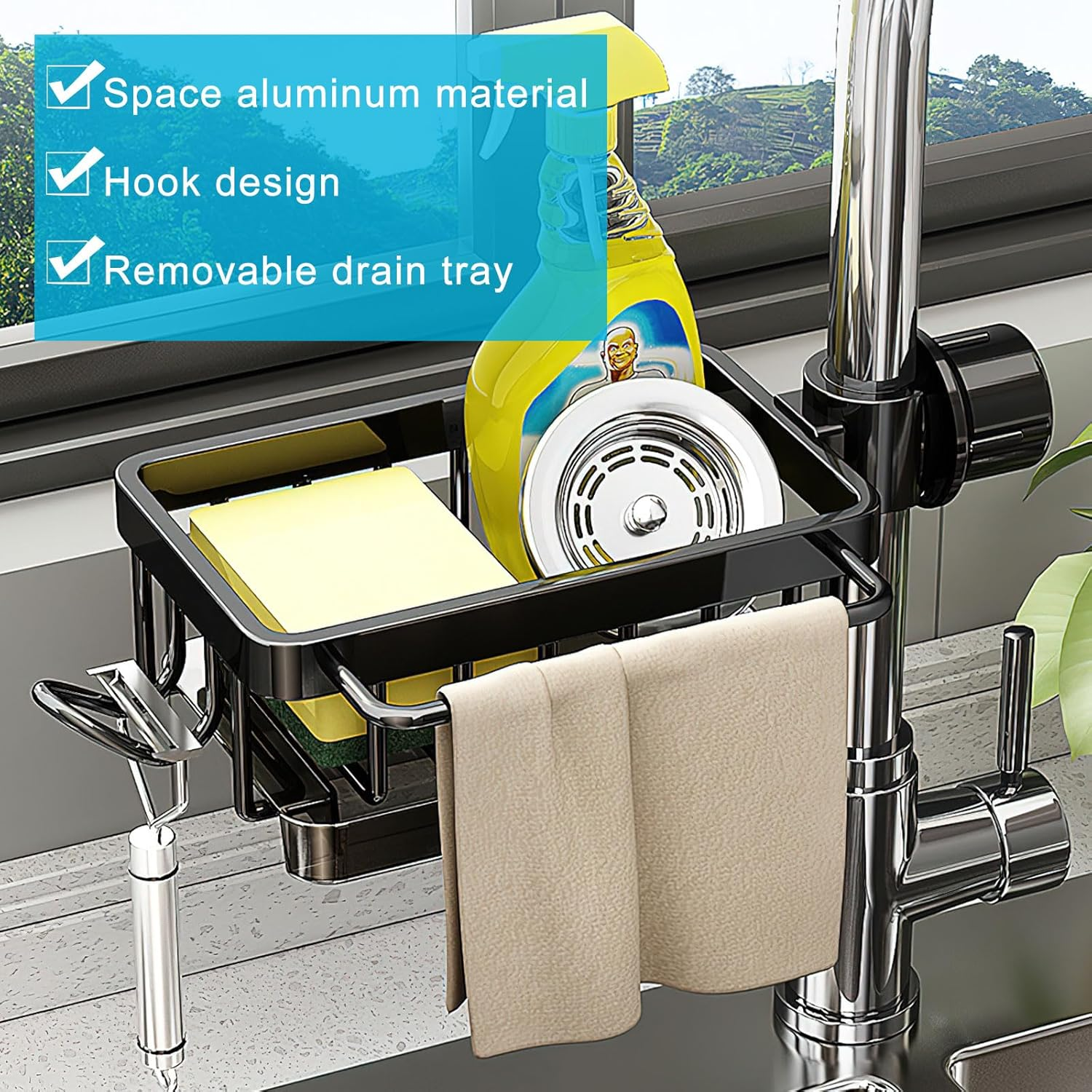 HENGBIRD Kitchen Sink Organiser, Stainless Steel Soap Sink Organiser, Sponge Holder, Towel Holder, Sink Organiser with Hooks for Kitchen and Bathroom, Black image number 4