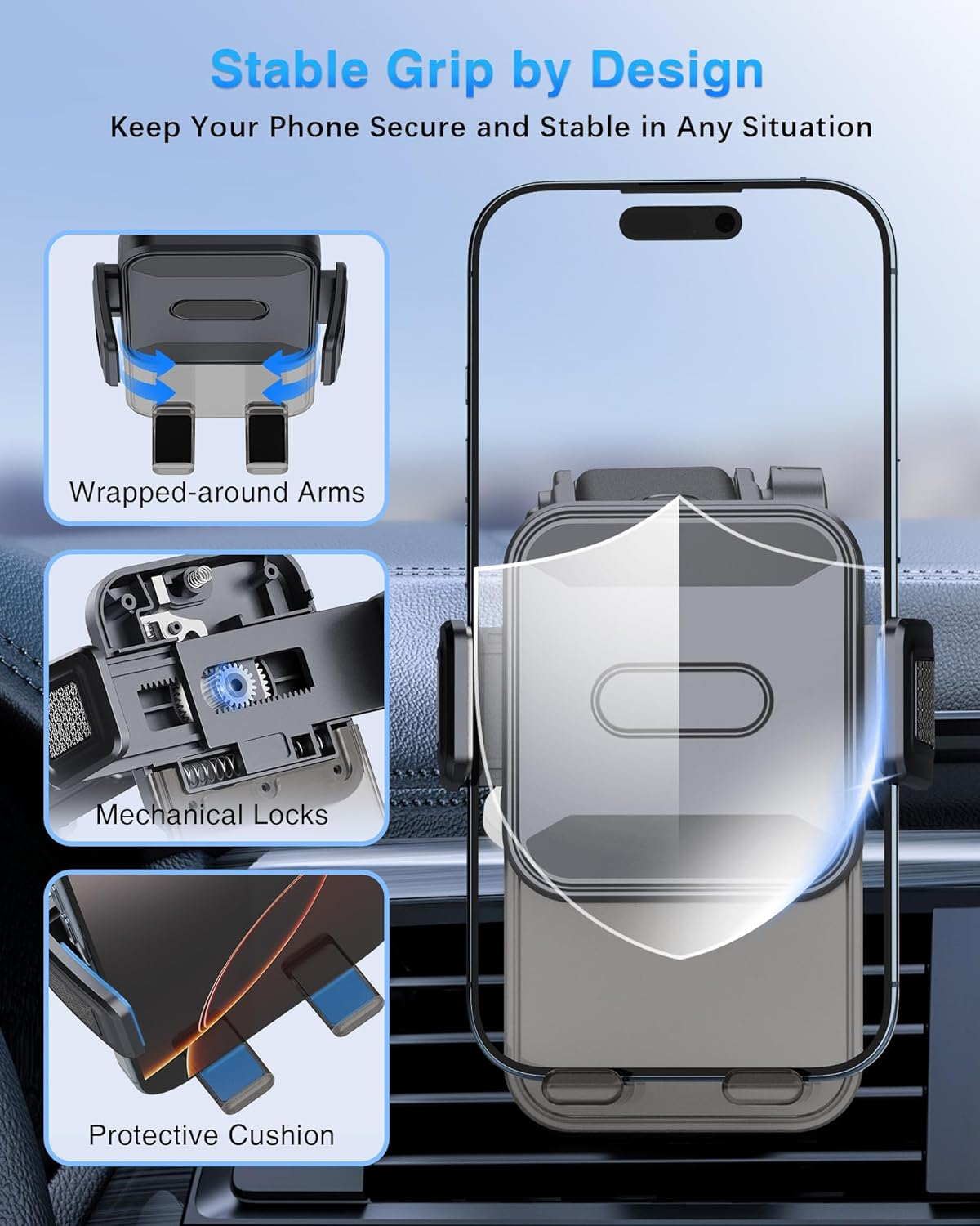 OUNAIDE Car Phone Holder Mount, 3-In-1 Dashboard Windshield Air Vent Phone Mount with Strong Grip, Rotatable Car Vent Phone Holder for Iphone, Samsung Galaxy & All Smartphones image number 6