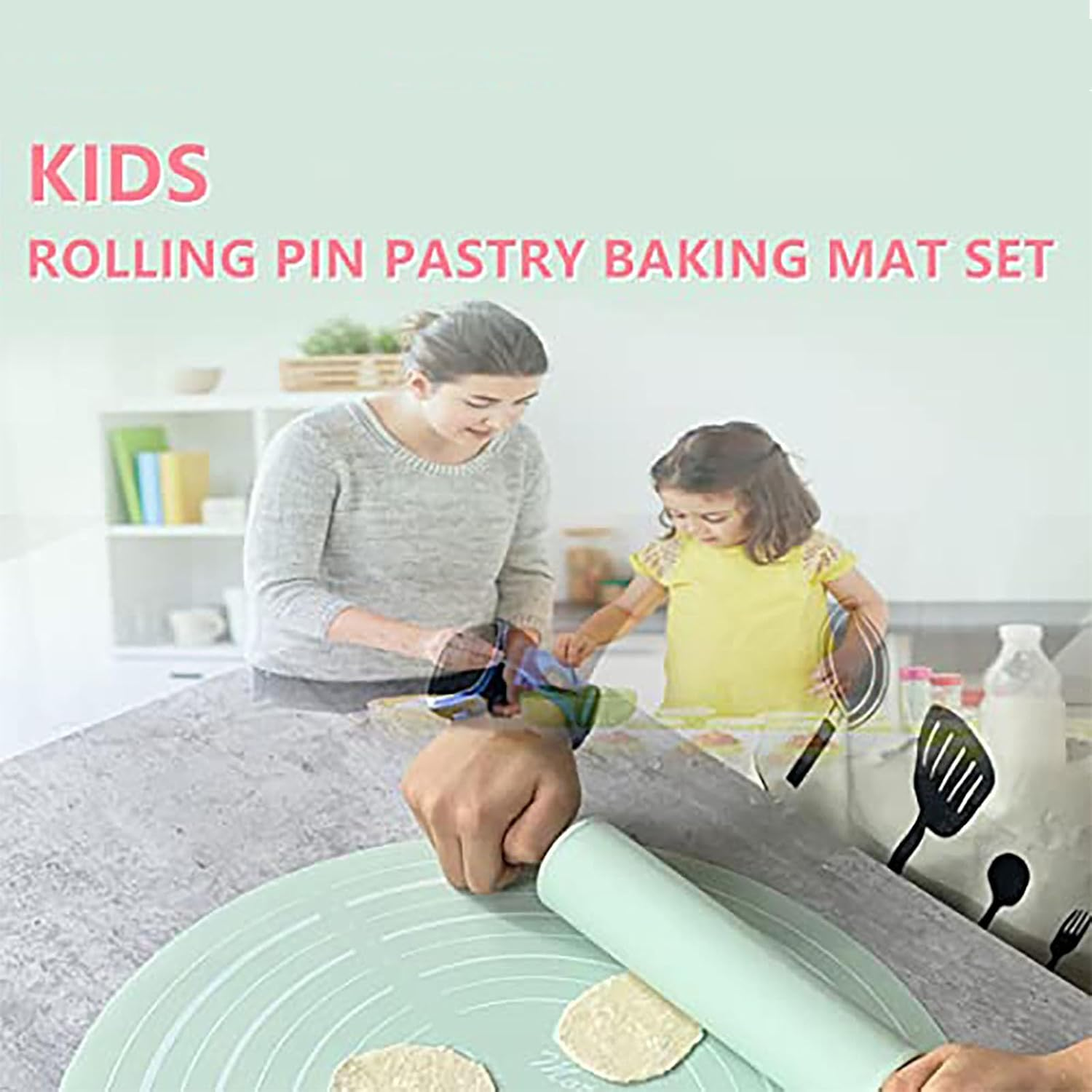 QYINXIU Rolling Pin and Silicone Baking Pastry Mat Set, Rolling Pin and Pastry Baking Mat Set for Kids, Food Grade Silicone Rolling Pin Solid Wood Handle, Kneading Pad image number 5