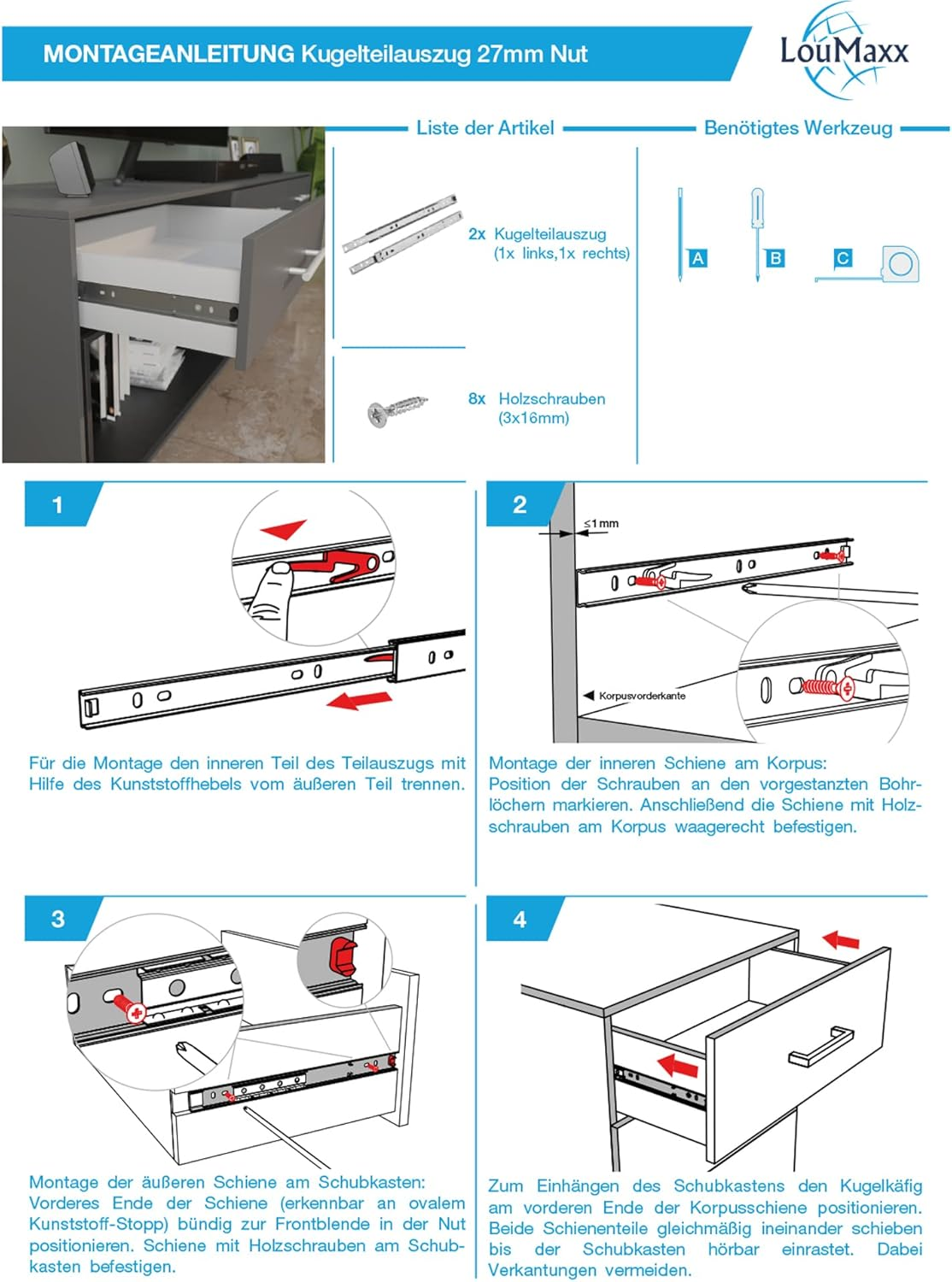 Loumaxx Ball Extension Set of 2 Drawer Runners 27 Mm Groove 400 Mm Runners Drawer Drawer Rail System with Partial Extension - L  300 Mm. image number 2