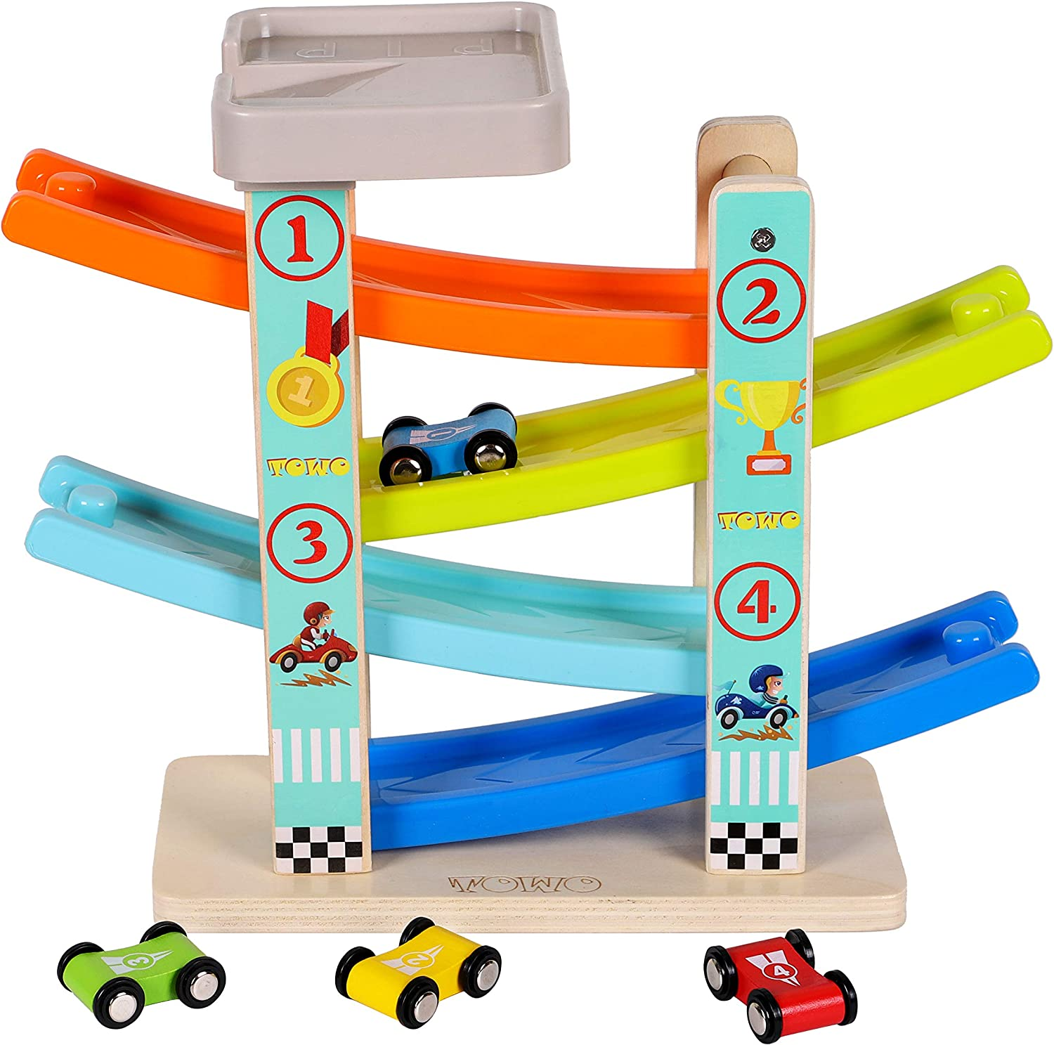 TOWO Wooden Car Ramp Toy- Zig Zag Car Slide with 4 Wooden Cars & Roof Top Car Park Playsets-Click Clack Track Wooden Car Toys for Toddlers -Racing Car Toys for Kids Boys Girls 1 2 3 4 image number 2