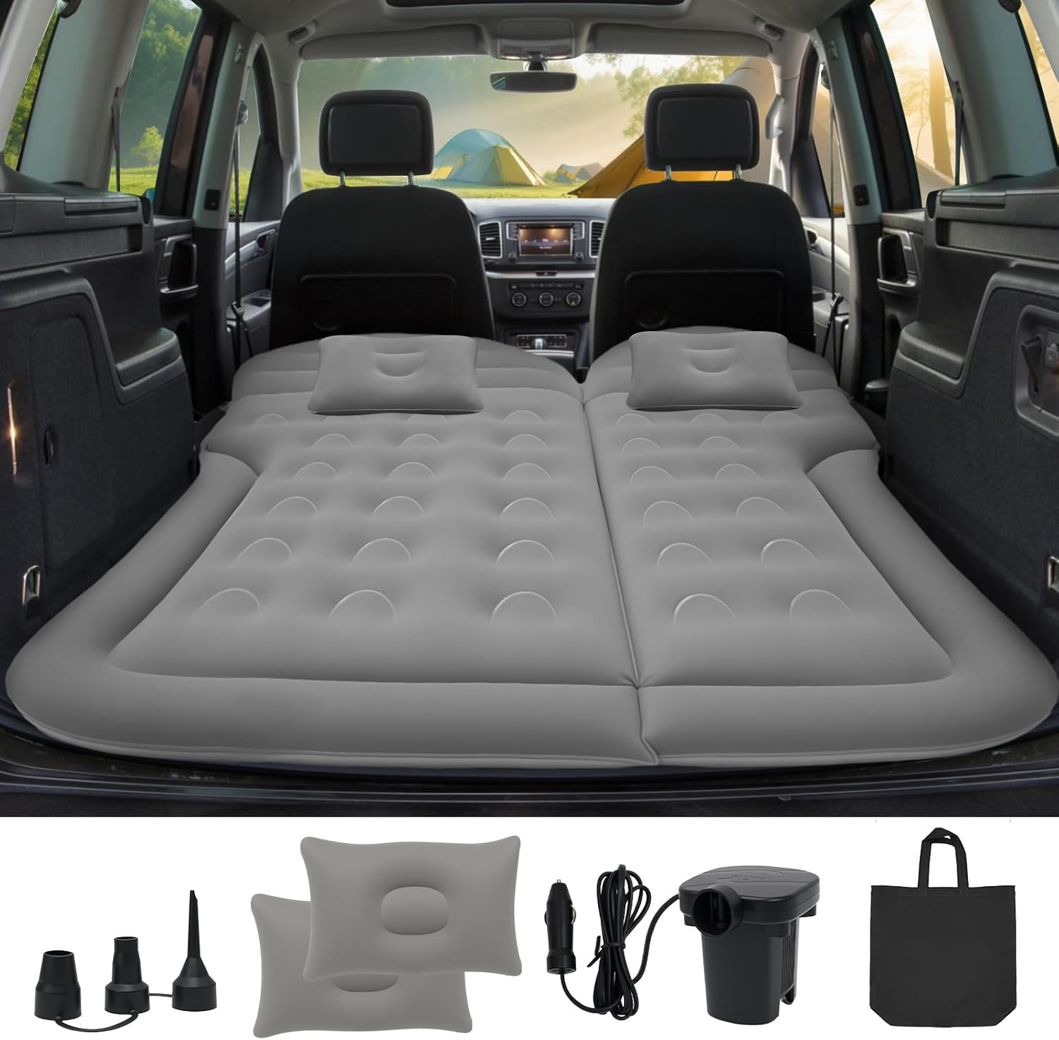 Car Air Mattress, Inflatable Thickened Flocking Travel Camping Bed with Air Pump 2 Pillows, Upgraded Honeycomb Structure, Mobile Cushion, Portable Sleeping Bed for SUV Trunk Rear Seat (Gray) image number 6