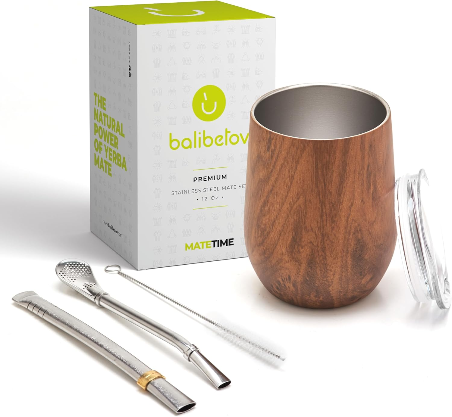 BALIBETOV Modern Mate Cup and Bombilla Set (Yerba Mate Cup) -Yerba Mate Set Includes Double Walled 18/8 Stainless Steel Mate Tea Cup, Two Bombilla Mate (Straw) and a Cleaning Brush (12 Oz, Wood) - Metallic image number 6