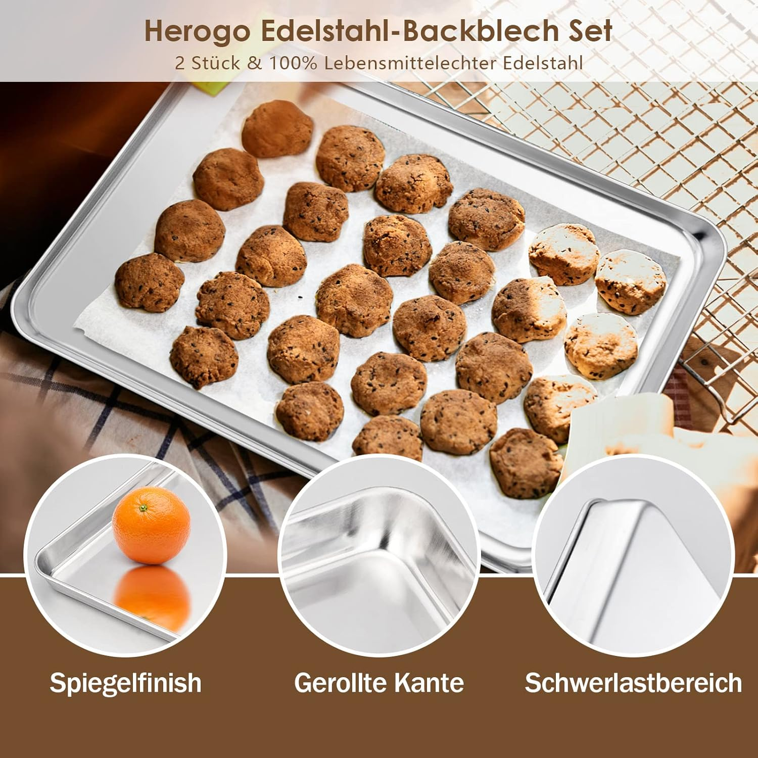 Herogo Set of 2 Stainless Steel Baking Tray (26 X 20 X 2.5 Cm), Rectangular Oven Tray, Cake Tray, Grease Pan for Baking, Cooking, Serving, Mirror Finish & Non-Toxic, Dishwasher Safe, Metal Silver image number 6