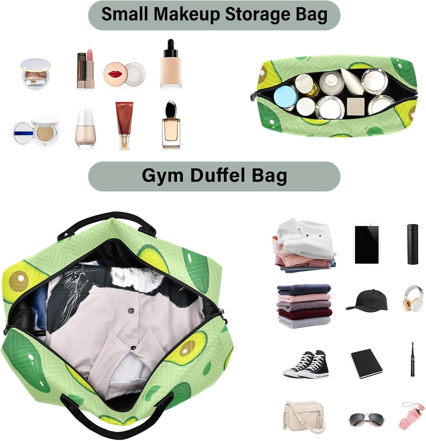 Overnight Travel Duffel Bag Weekender Overnight Bag Avocados Tropical Fruits Green Sport Training Bag with Toiletry, Avocado Tropical Fruit Pattern Green, Set of 2, Art Deco image number 1