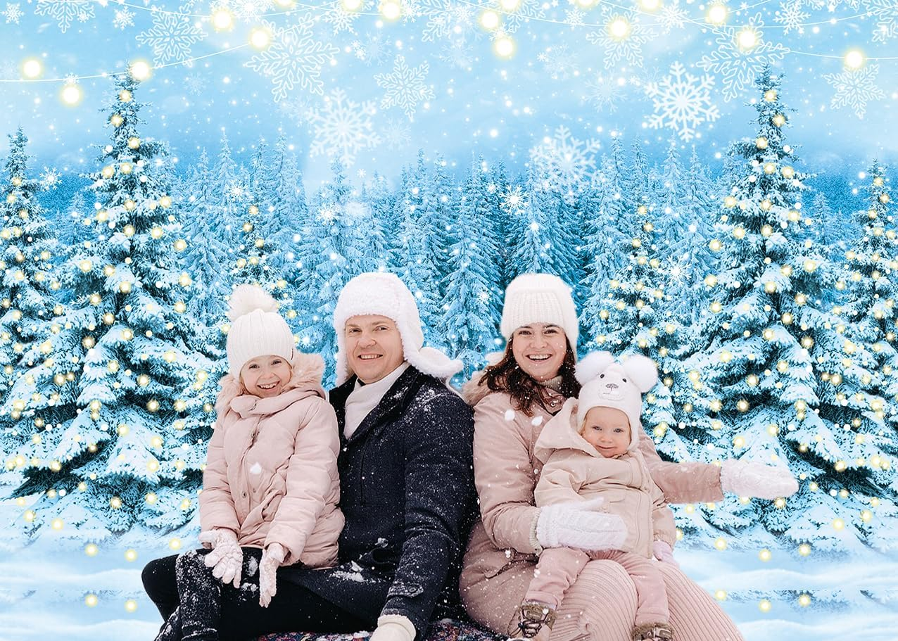 Winter Forest Scenery Backdrop Glitter Snowy Wonderland Pine Tree Snowflake Photography Background for Winter Christmas New Year Family Holiday Party Decorations Banner (82X59 Inch (7X5Ft))