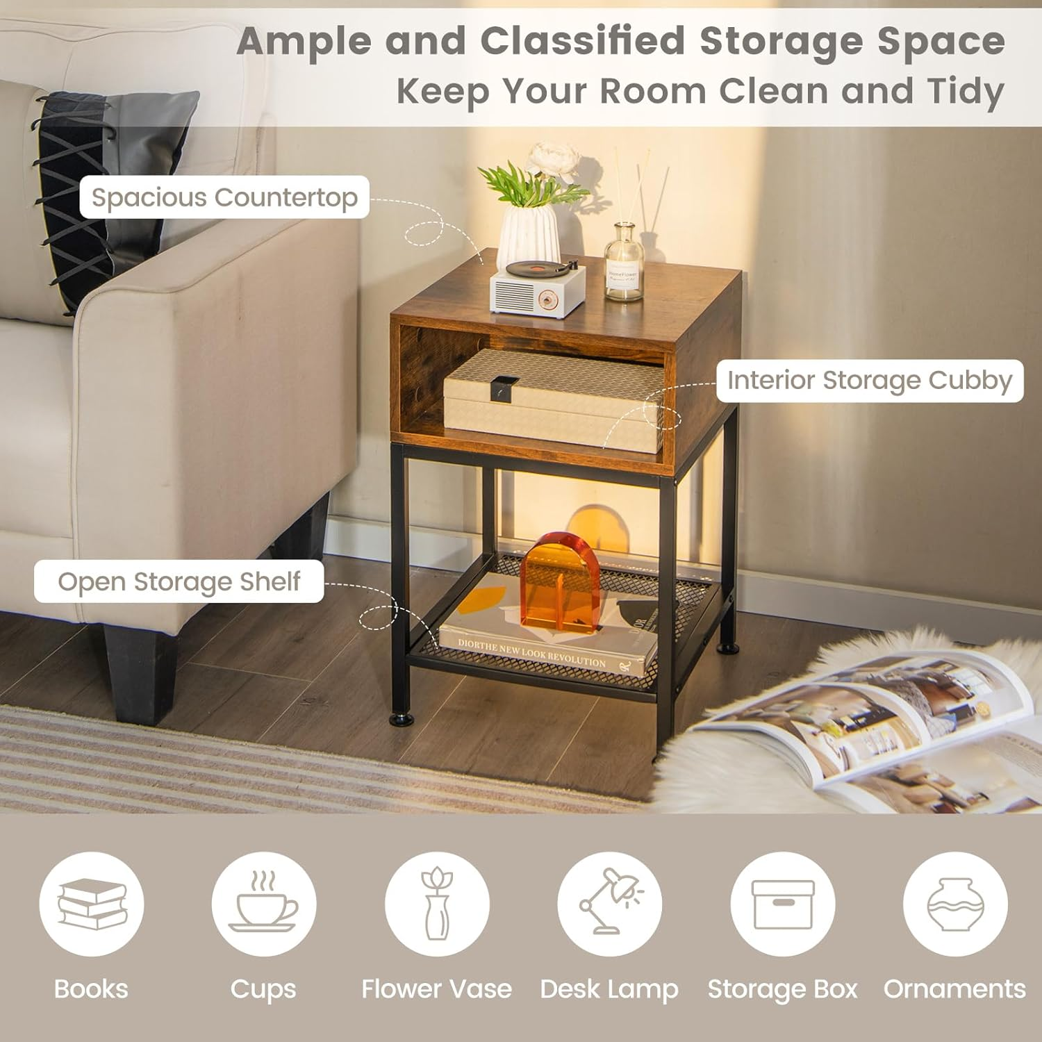 Costway End Table, 2-Tier Industrial Side Table with Mesh Storage Shelf, Stable Metal Frame, Adjustable Foot Pads, Nightstand Bedside Table for Living Room Bedroom Small Spaces image number 1