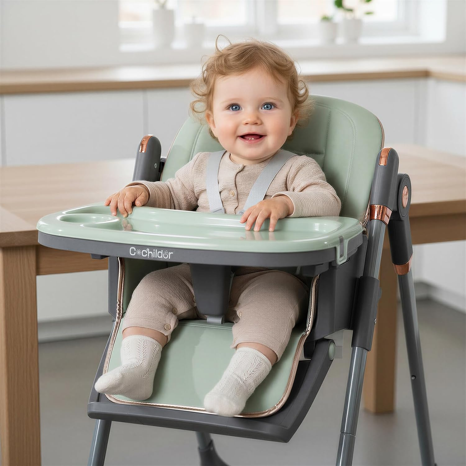 Baby High Chair | 3-In-1 Foldable Toddler High Chair with 5-Point Harness, Double Tray, and Adjustable Footrest, Green