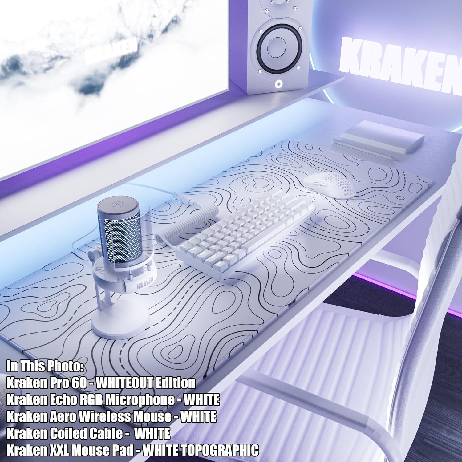 Kraken Keyboards DRIP XXL White Topographic Gaming Mouse Pad - Professional Artisan White Mouse Pad - White Gaming Desk Mat - 36" X 16" Extended Mouse Mat (White Topographic) image number 4