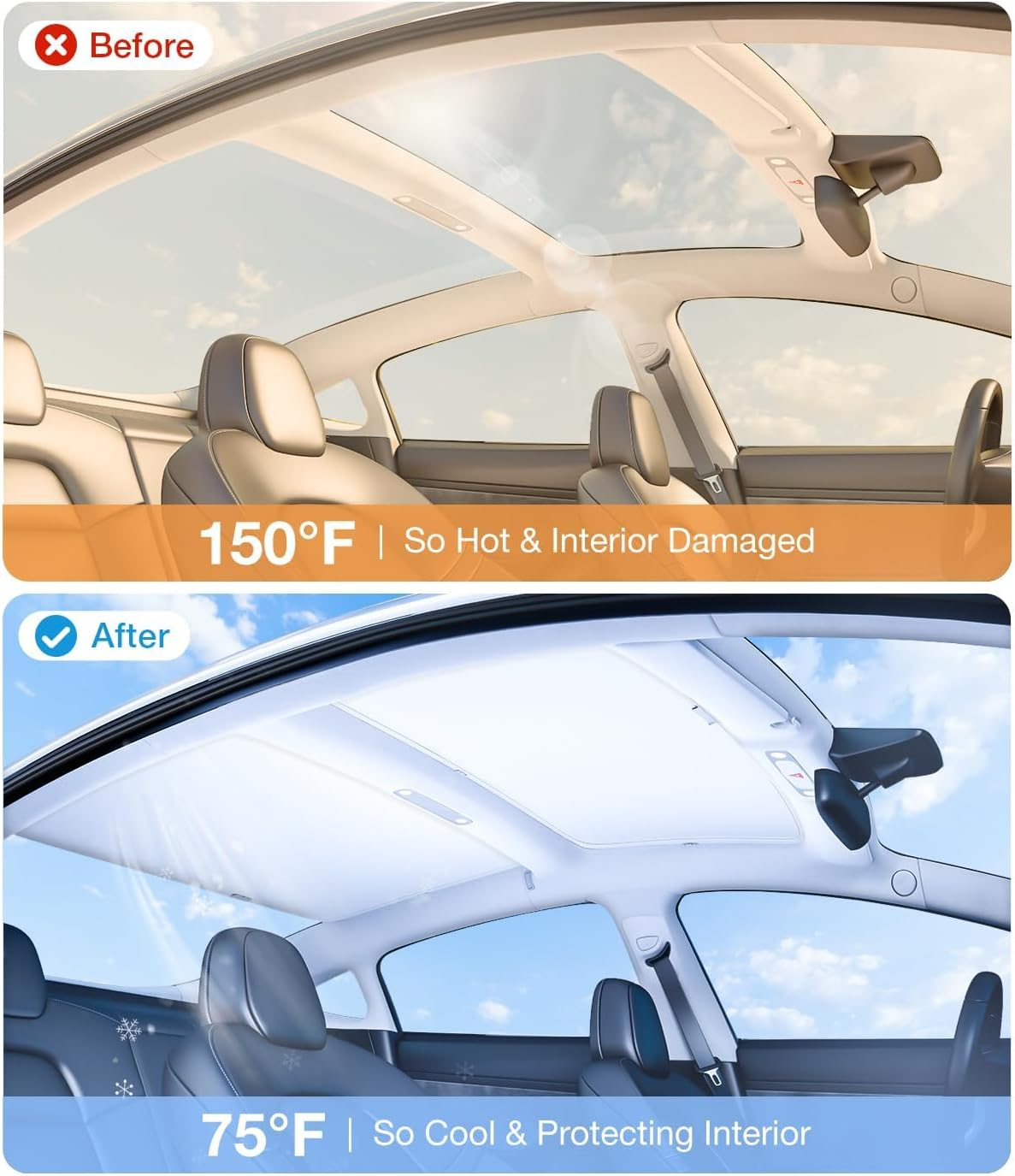 2024-2025 Tesla Model 3 Sunshade Roof [Never Sag, Nano Ice-Crystal Coatings] 3-Gen Heat Insulation Glass Roof Sun Shade, Accessories for Tesla Model 3, Ash-Colored