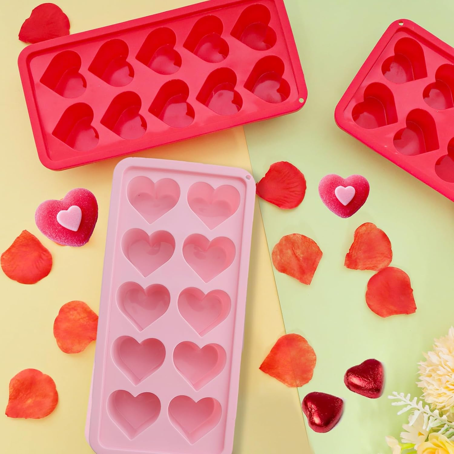 3 Pcs Heart Shaped Ice Cube Trays 10-Cavity Heart Shaped Silicone Molds Pink Red Heart Ice Cube Molds for Ice Cubes, Chocolate, Cocktails, Whiskey, Candle image number 1