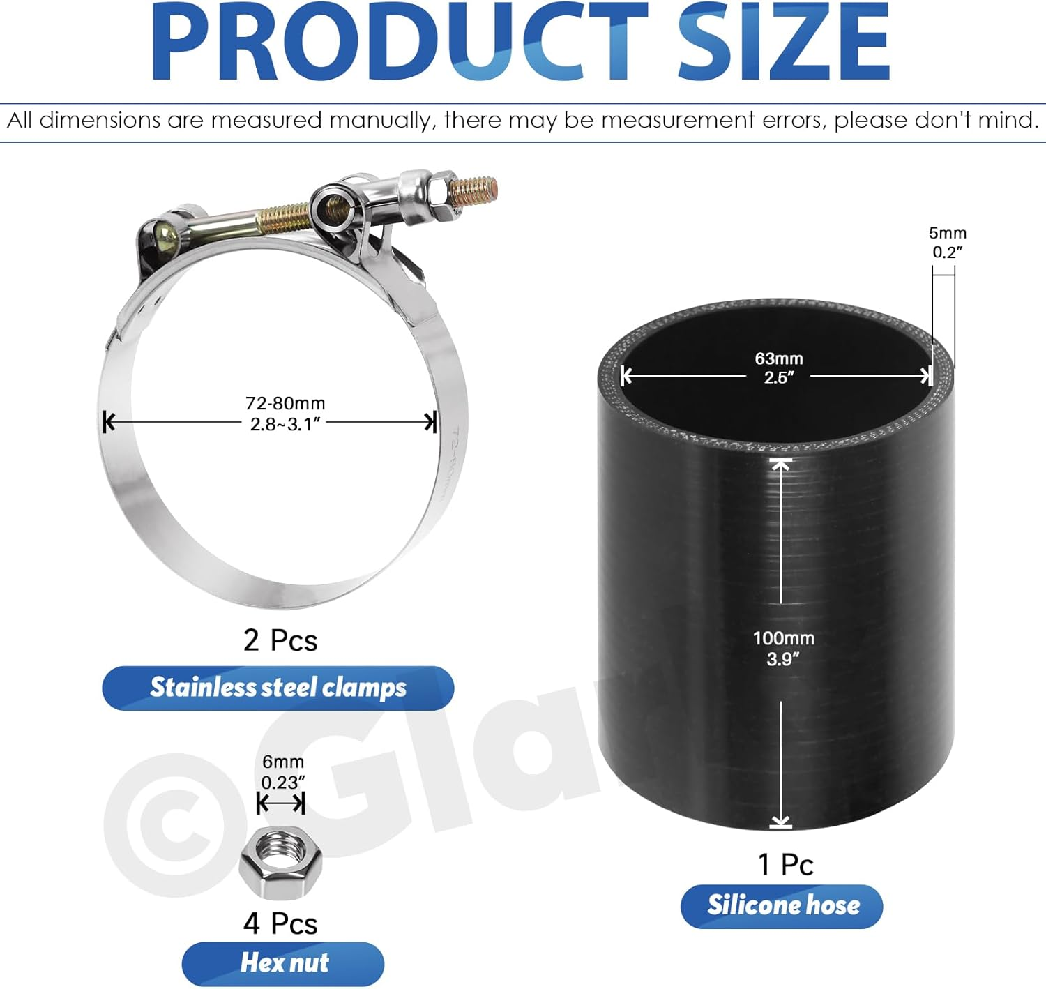 Glarks 7Pcs Straight Coupler Silicone Hose Set Includes 1Pcs ID 2.5In 4-Ply High Performance Coupler Silicone Hose 2Pcs 2.8-3.1In T-Bolt Clamp 4Pcs M6 Hex Nut image number 6