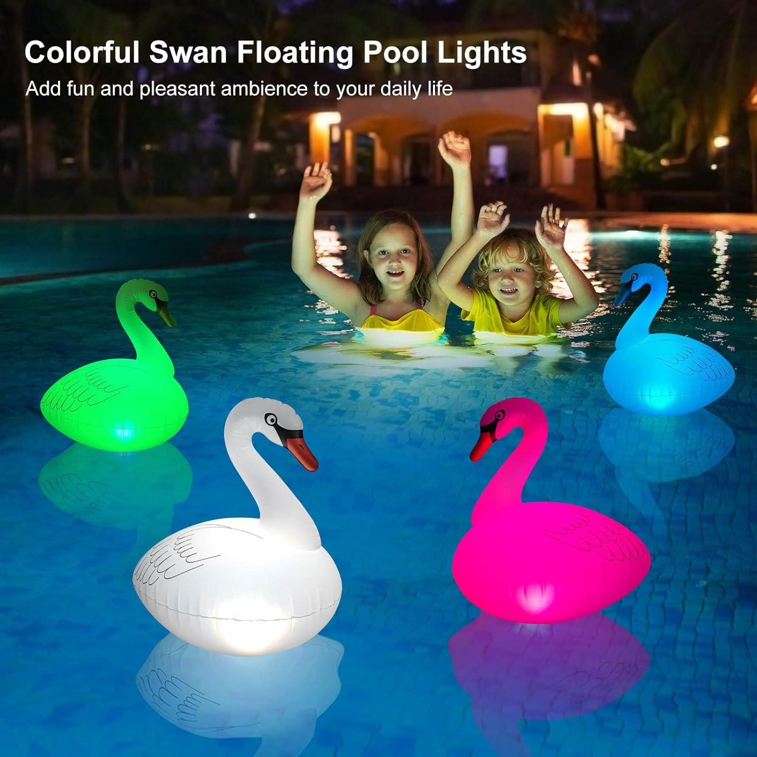 Floating Pool Lights Solar 2PK, Waterproof Inflatable Swan Pool Lights, Glow in the Dark Color Changing LED Pool Floating Swan Light for Backyard Spa Patio Wedding Party Decor image number 5