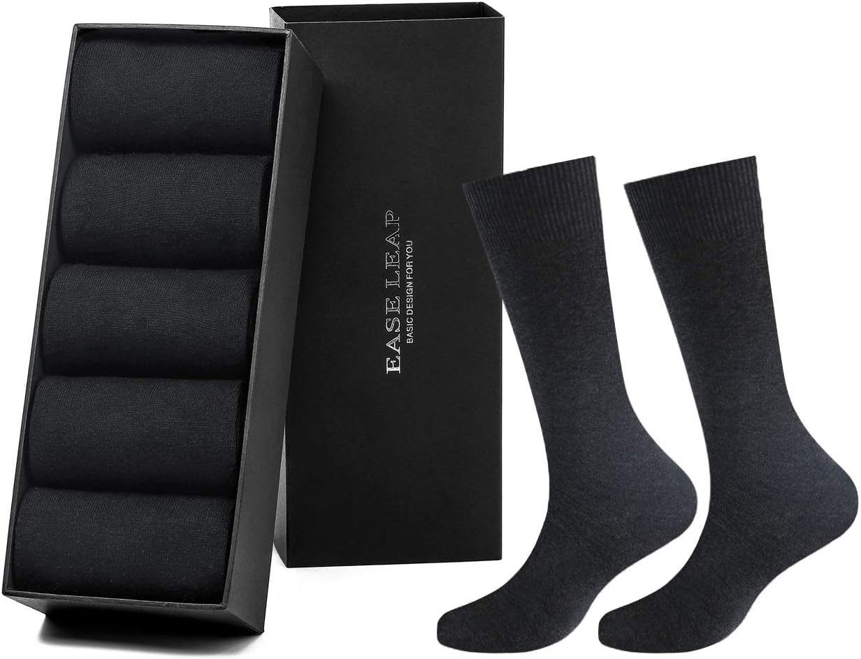 5 Pairs Mens Dress Socks Comfortable Cotton Crew Sock Calf High Breathable Formal Socks with Gift Box