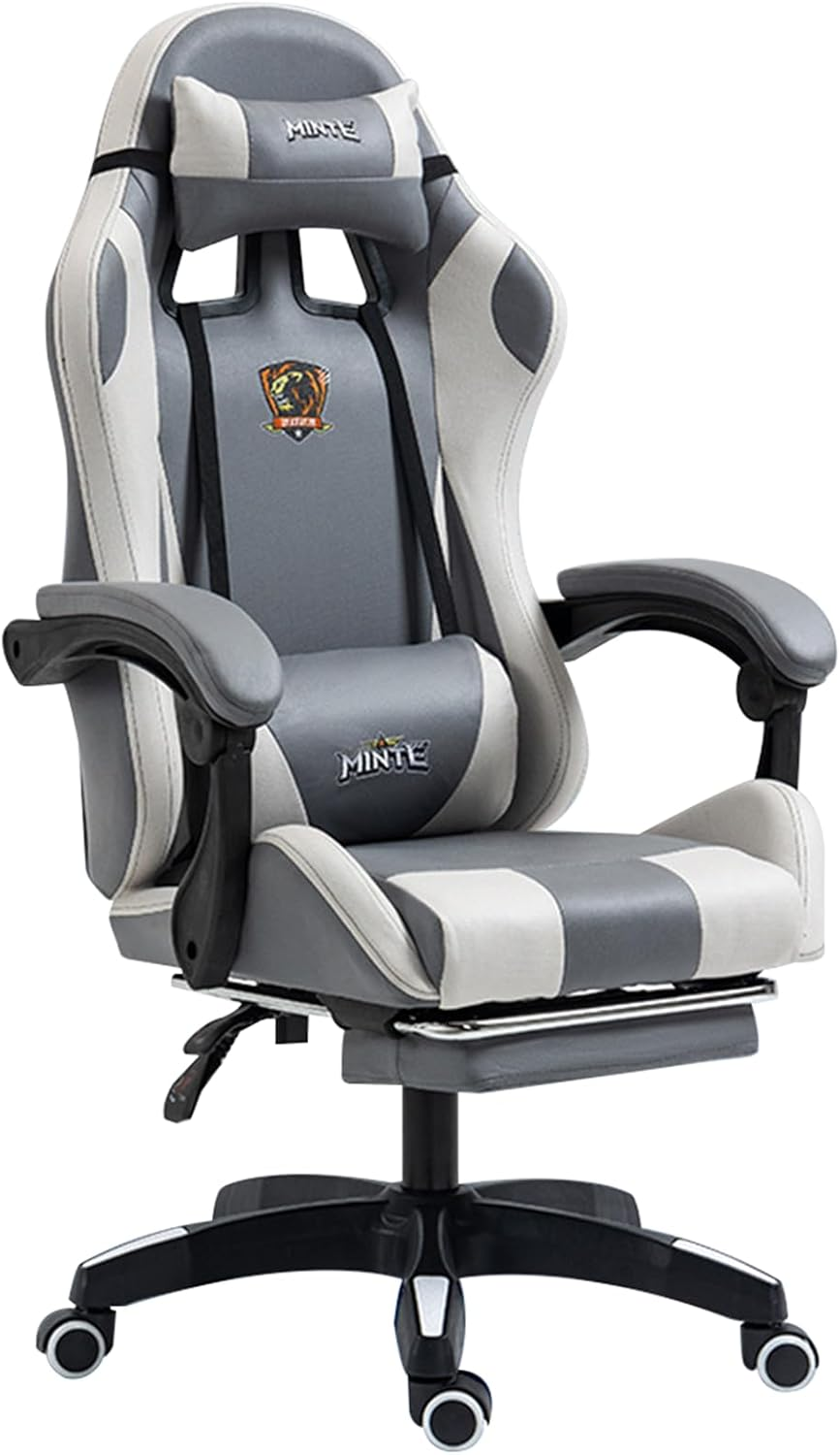 Technology Fabric Gaming Chair, Racing Massage Seat with Footrest, Ergonomic Support, 90-135&deg; Tilt, Breathable Fabric, Adjustable Lumbar, High-Back Recliner for Home Office (Grey)