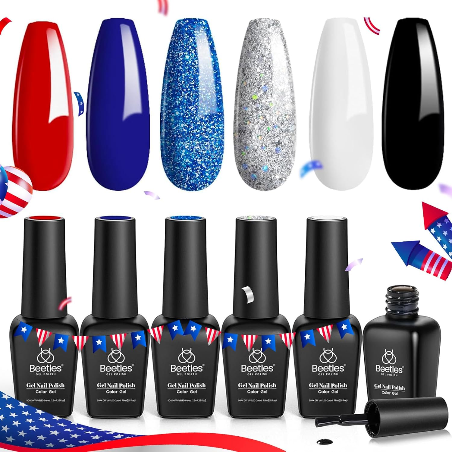 Beetles Gel Polish Gel Nail Polish Set - 6 Colors Red White Navy Blue Gel Polish Sliver Glitter Gel Polish Soak off Uv Nail Lamp Perfect for the July 4Th Manicure DIY Nail Art Design Women Girls image number 4