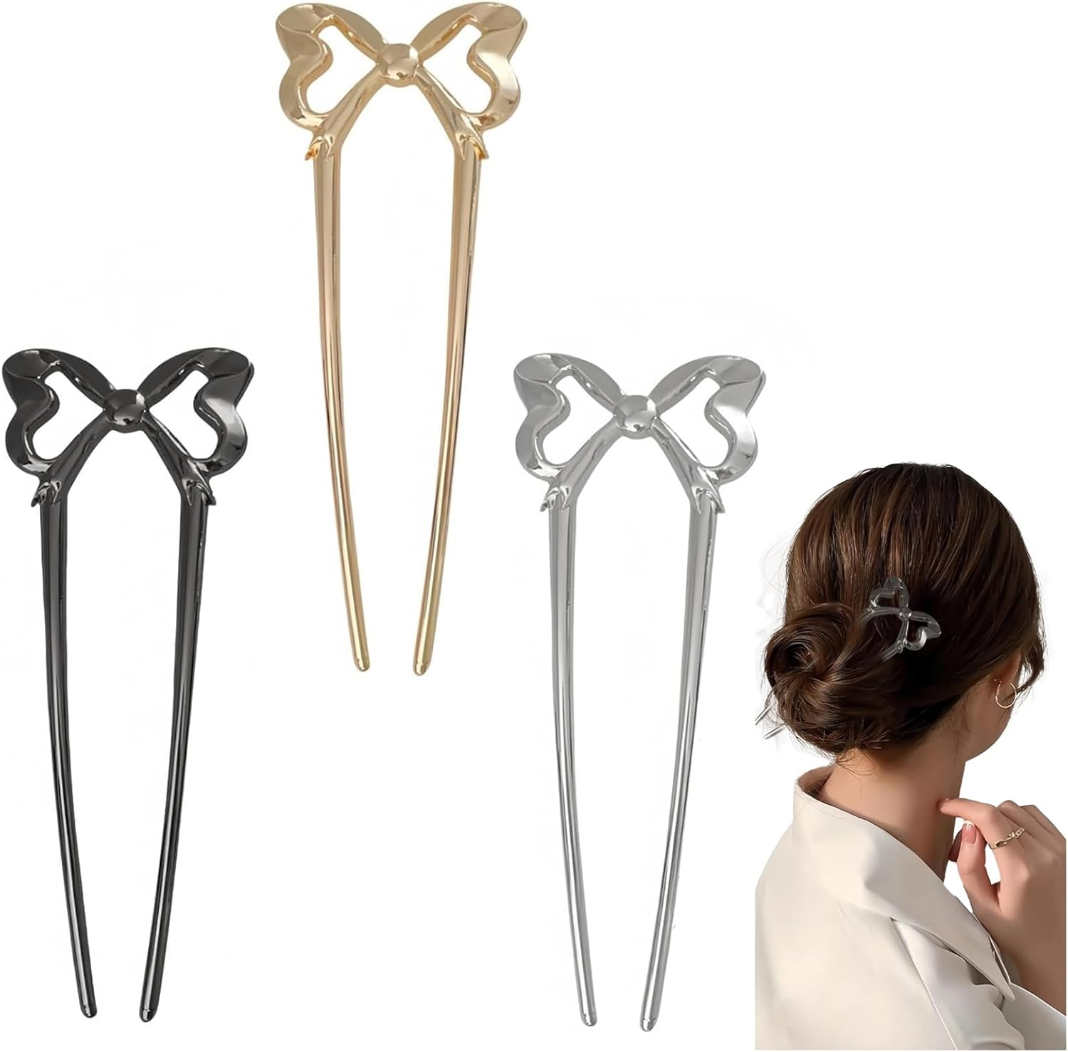 ASOMI 3 Pieces Vintage French Bow Hair Pins for Women U Shape Updo Metal Hair Sticks for Long Thick Hair (Gold, Silver, Black) image number 6