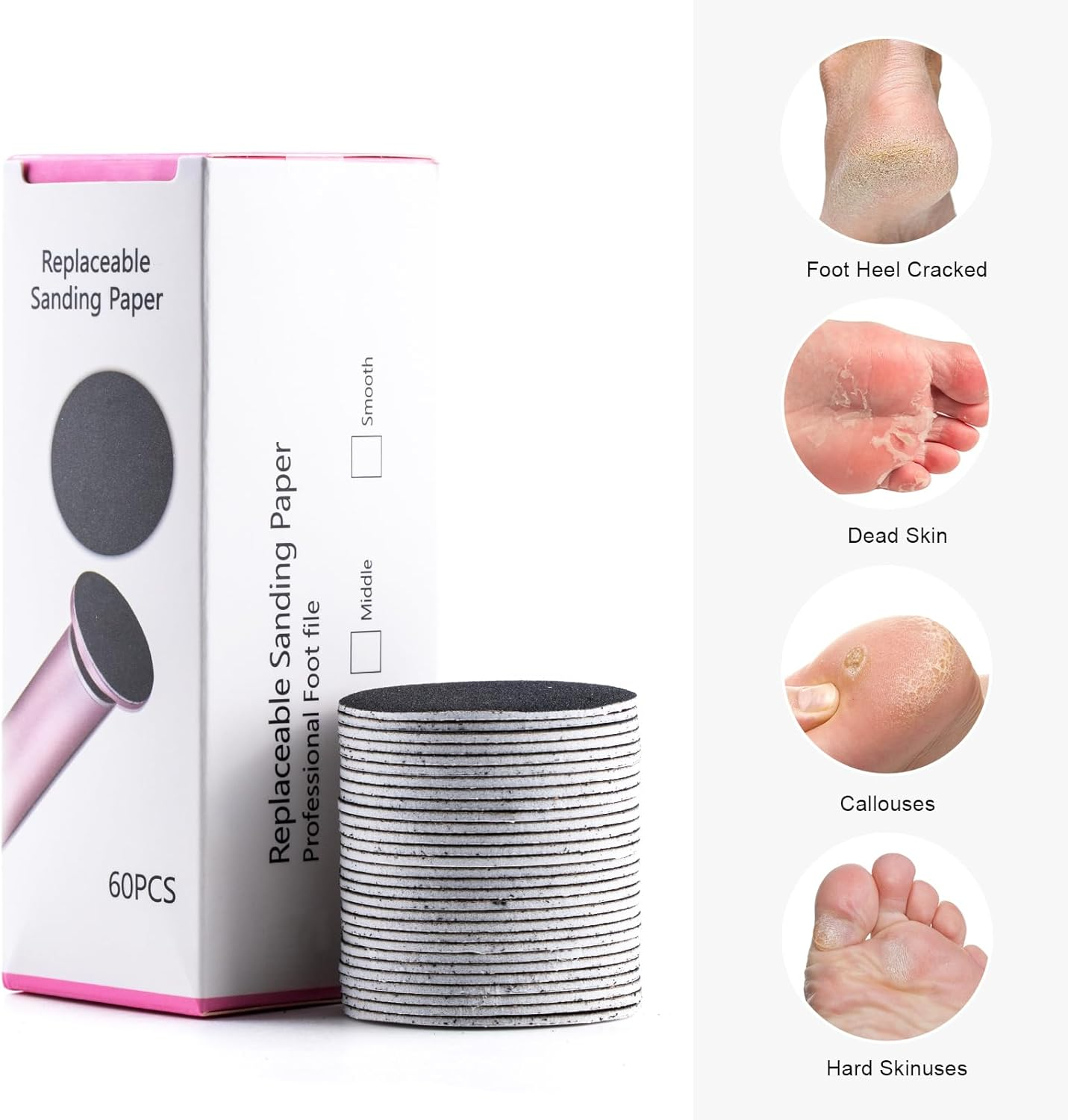 BNG Foot File for Callus Remover, Pack of 60, Foot Sandpaper, 4.2 Cm Replacement Foot Files Pads with Electric Sanding Disc Shaft for Foot Care, Cracked Heels, Hard Dead #80 Skin image number 5