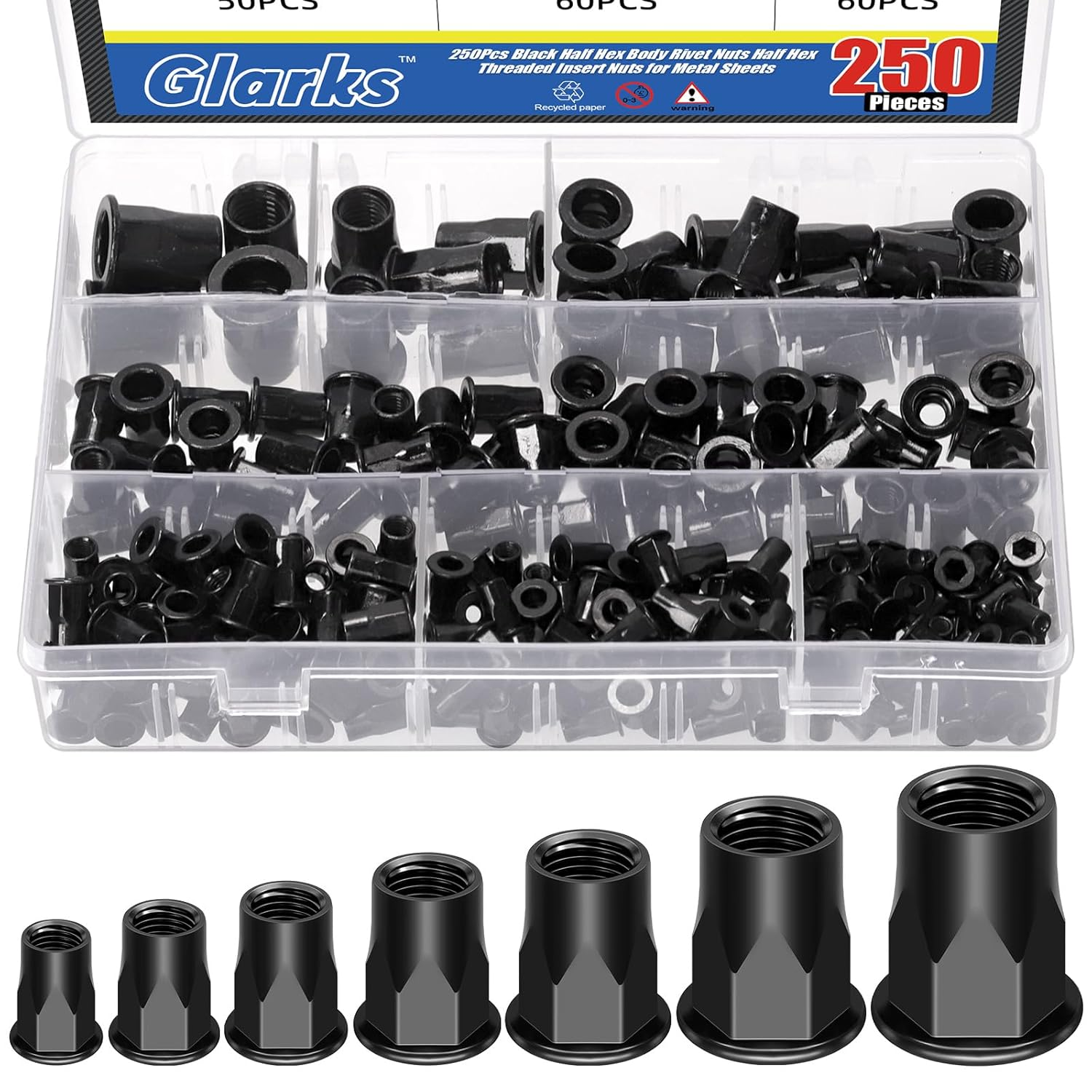 Glarks 250Pcs Thread Half Hexagonal Rivet Nuts Set M3 M4 M5 M6 M8 M10 M12 Black Zinc Plated Carbon Steel Flat Head Rivnut Threaded Insert Rivet Nuts for Construction Industrial image number 5