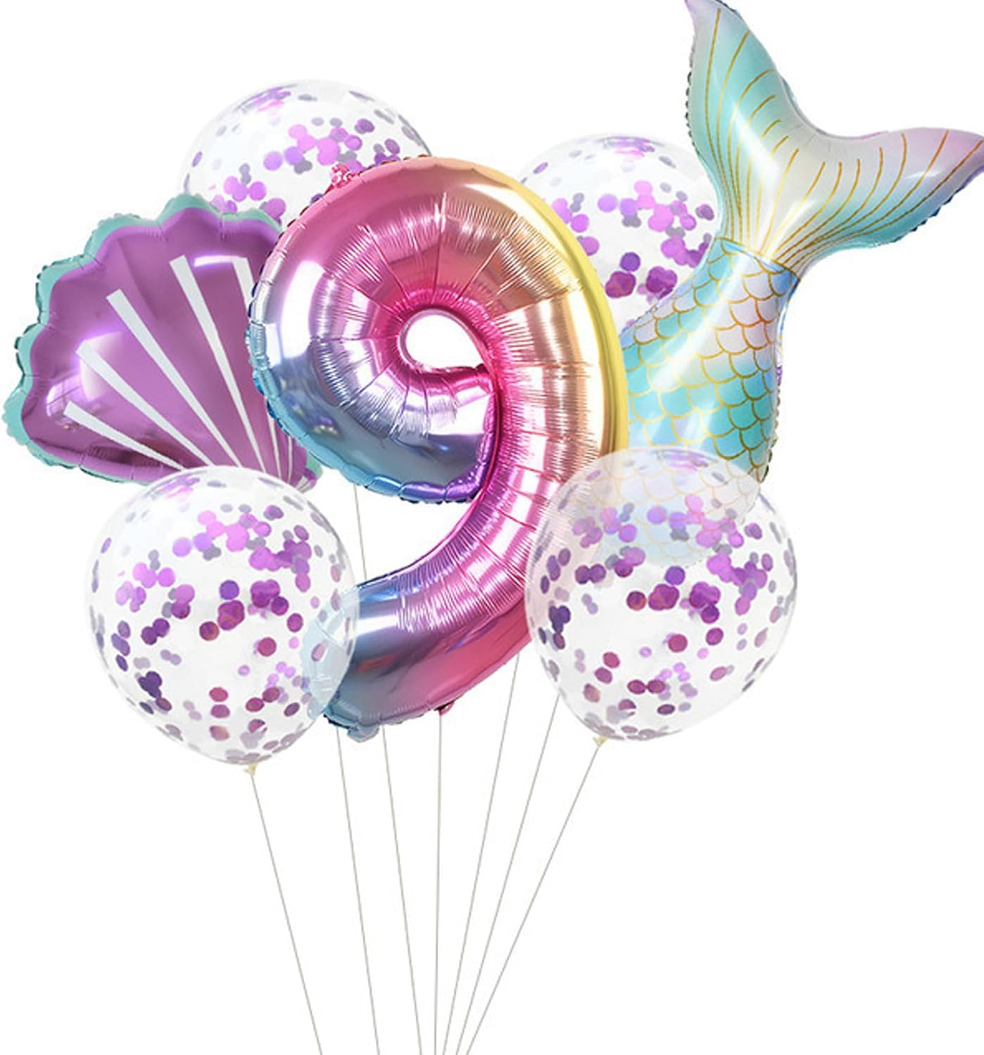 Haobase 7Pcs Mermaid Foil Balloons Set, Mermaid Sea Theme Birthday Party Decoration 32 Inch Number Foil Balloon Mermaid Tail Balloon Shell Balloon (9Th) image number 2