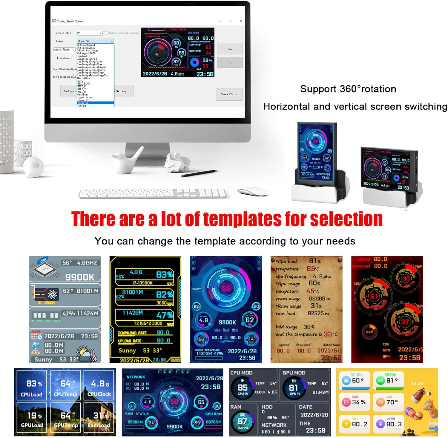 Mini Smart Monitor, 3 Inch USB IPS Full Screen Display, 360 Degree Rotation PC CPU Data, Lightweight Design, Temperature Monitor for Monitoring Electronic Devices image number 5