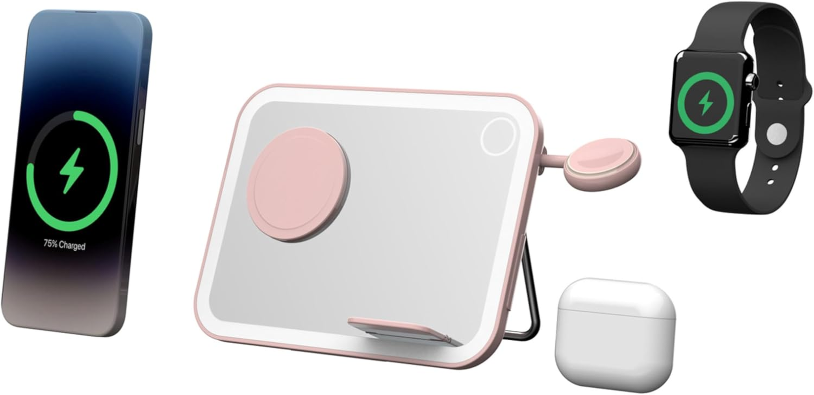 Laser Mirror Wireless Charger 3 in 1 Qi2 Certified &ndash; Makeup Mirror with LED Light, Fast Wireless Charging Stand for Phone, Earbuds, Apple Watch &ndash; Foldable, Magnetic, USB-C Powered (Pink) image number 2