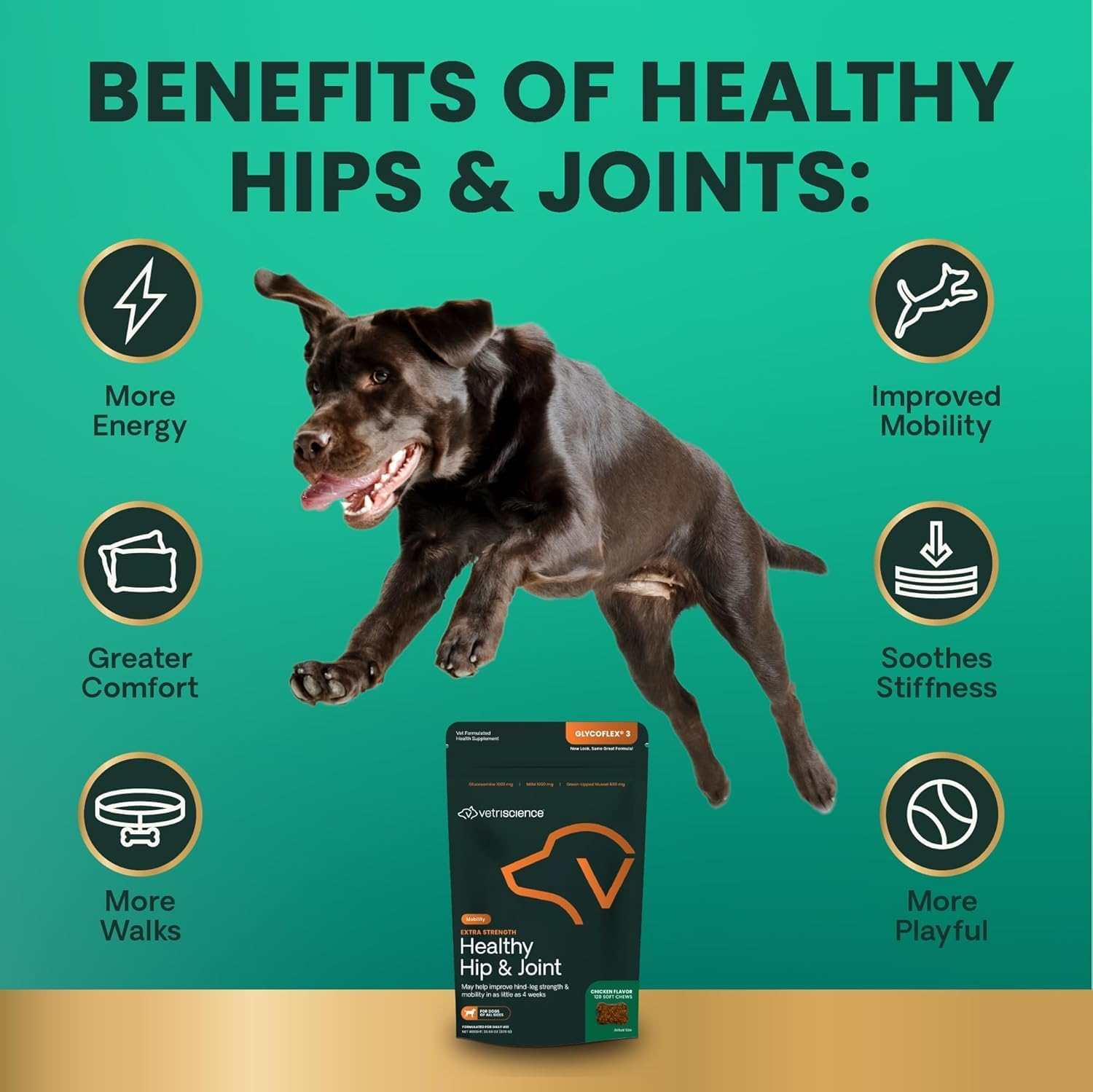 Vetriscience Extra Strength Healthy Hip & Joint Chews, Glycoflex Glucosamine and Green-Lipped Mussel Joint Support Supplement for Dogs, Promote Mobility and Soothe Joint Discomfort, Chicken, 120 Count image number 1