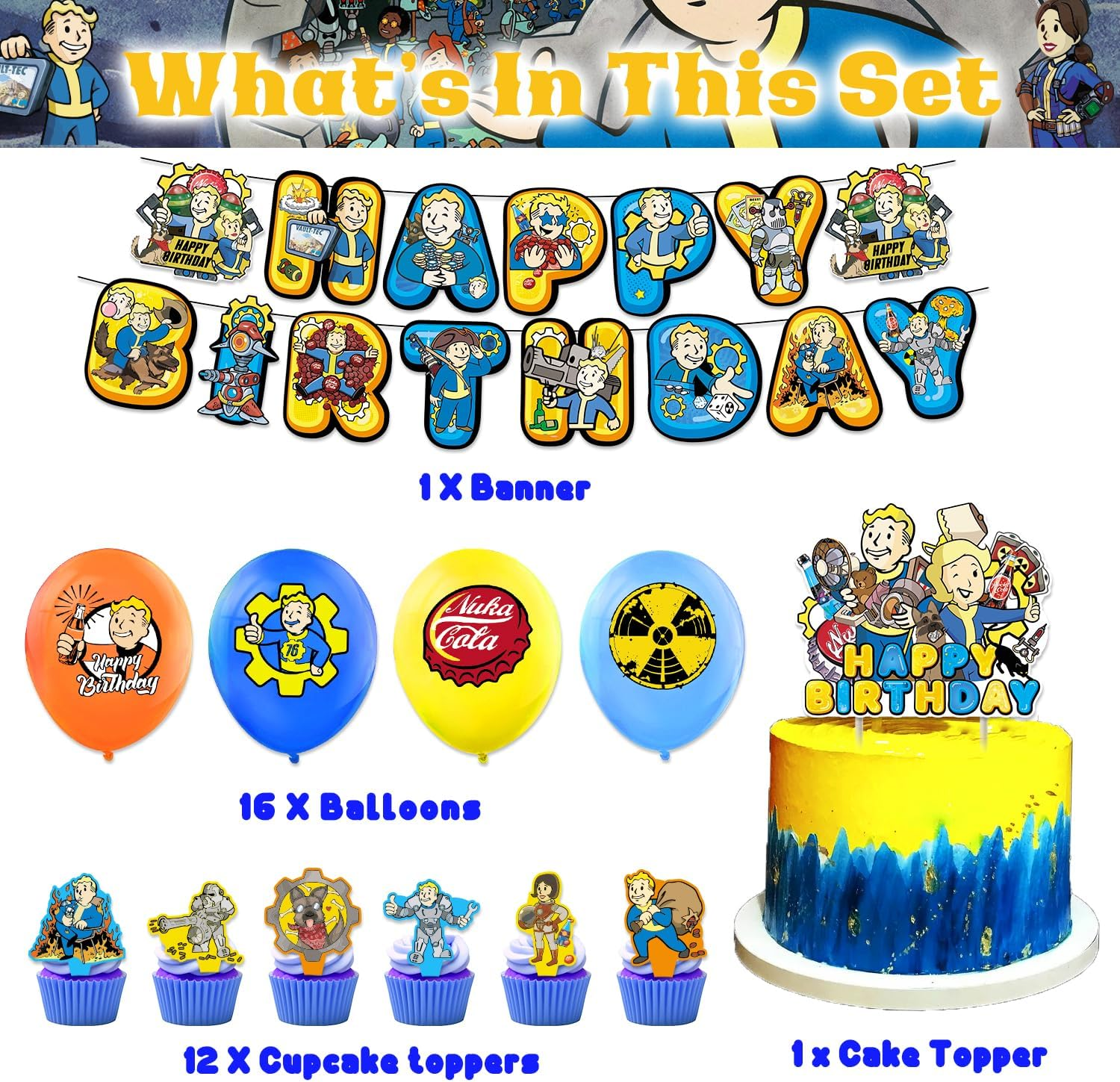 Game Birthday Party Supplies,Game Party Decorations Included Birthday Banner,Cake Topper,12 Cupcake Toppers,16 Balloons