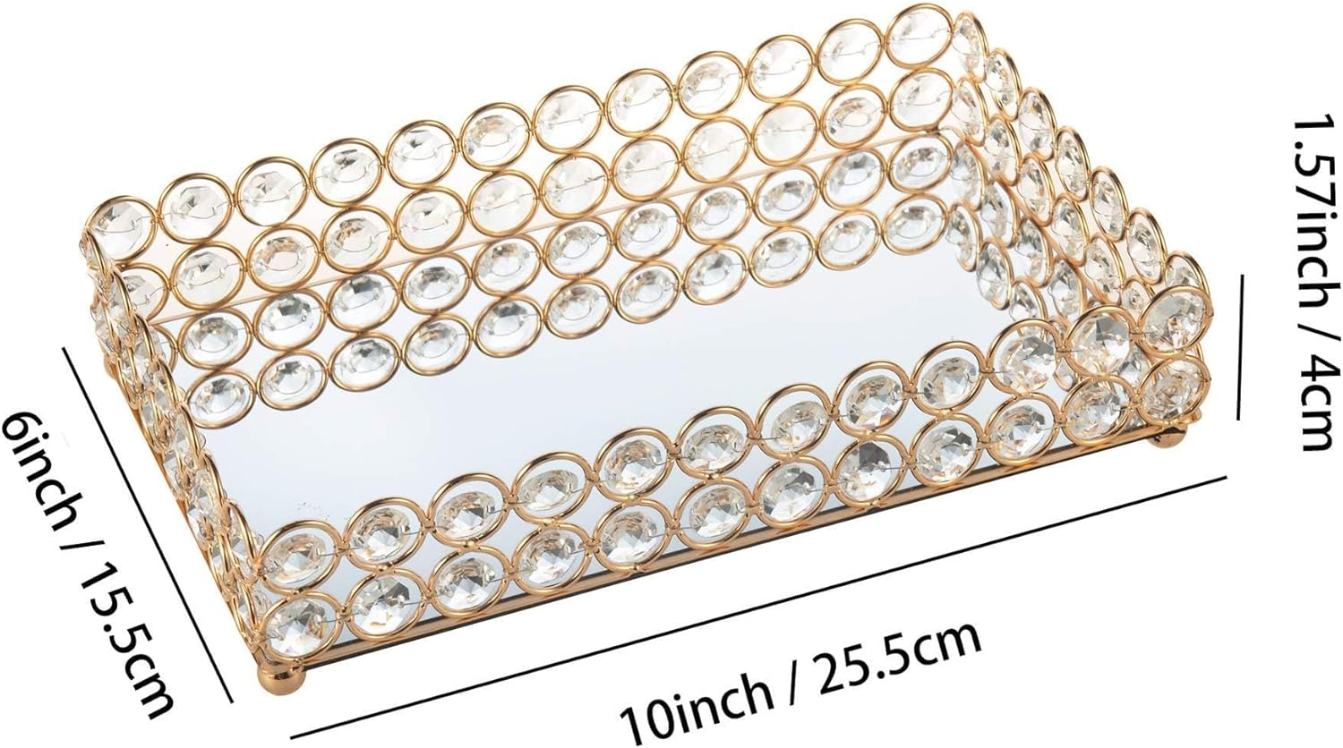 Feyarl Crystal Perfume Tray Gold Mirror Tray Rectangle Decorative Trays Jewelry Trinket Cosmetic Organizer Trays for Dresser Home - Gold image number 3