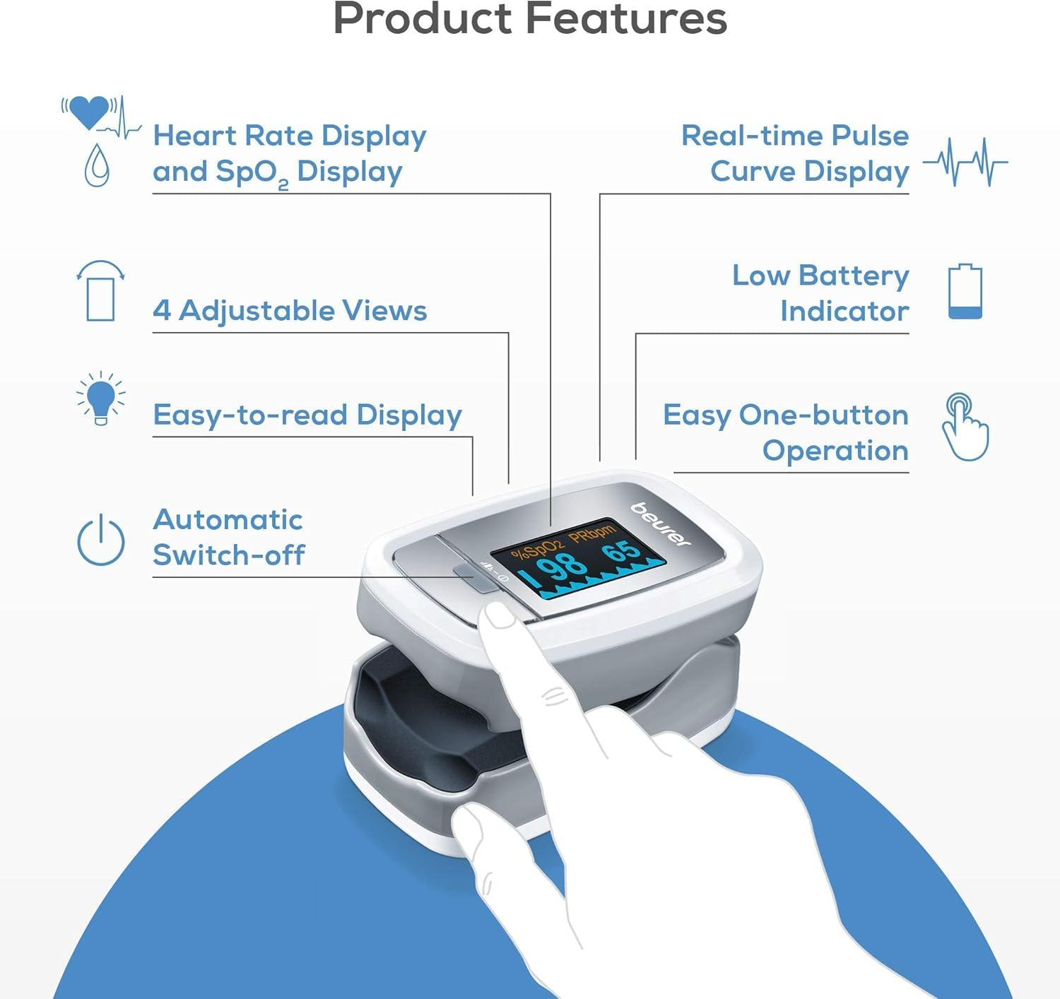 Beurer Instant Digital Fingertip Pulse Oximeter, Blood Oxygen Saturation & Pulse Rate Monitor with Accessories, PO30 image number 2