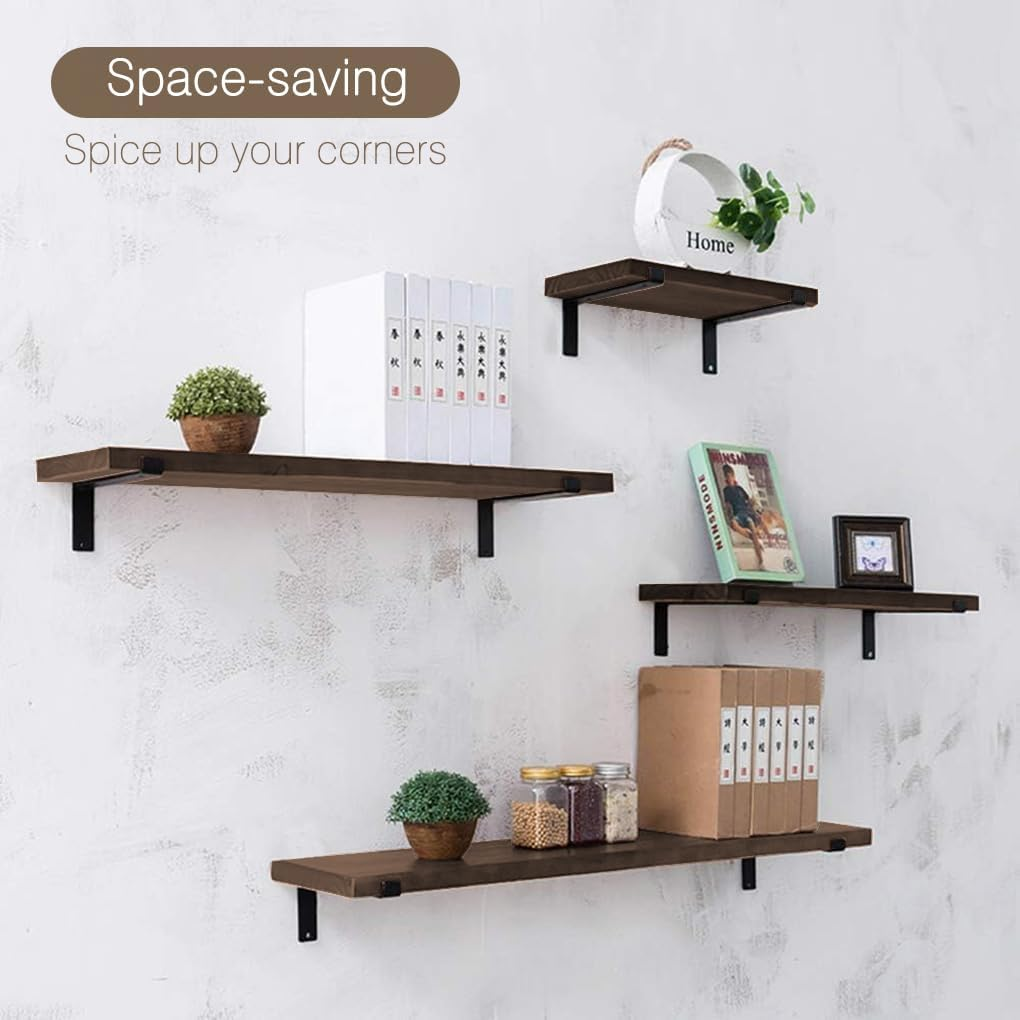Delsol Wall Floating Shelves Wood Shelves 5Pcs Set Home Decor Wall Mounted Storage Rustic Wood Farmhouse Shelf for Bedroom, Living Room, Kitchen, Bathroom (Black) - Light Brown image number 6