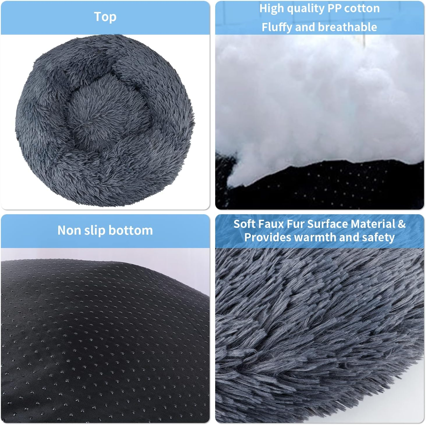 UUEMB 50Cm Calming Dog Cat Bed, Plush Donut Pets Beds for Small Dogs Cats, Soft Puppy Kitten Cuddler round Bed Cushion, Washable Warm Dog Beds for Improved Sleeping (Dark Grey) image number 3