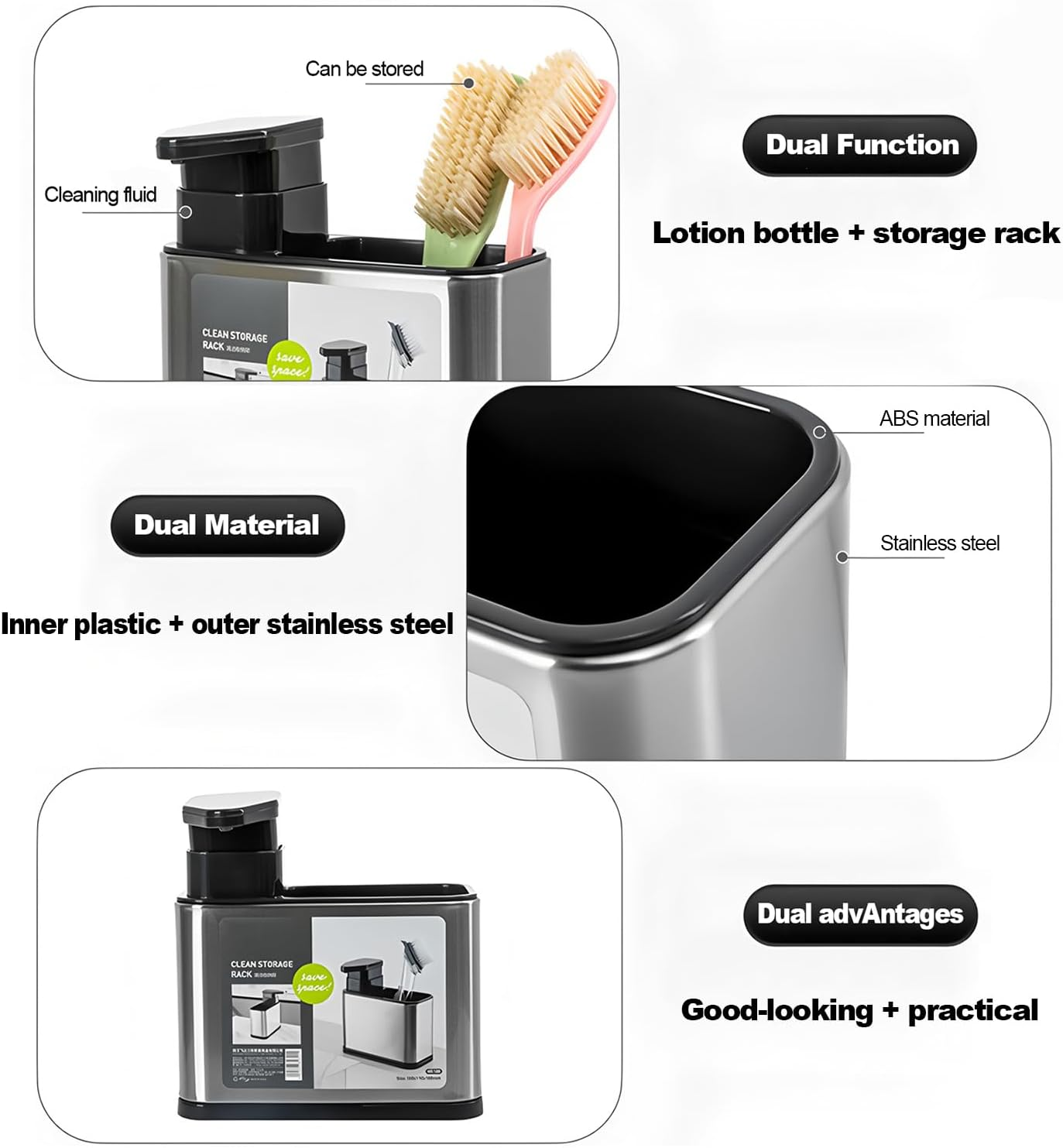 AIMANWEI 3-In-1 Hand and Dish Soap Dispenser Set for Kitchen,340Ml Stainless Stee Kitchen Soap Dispenser,Sink Caddy Sponge Holder Rack Shelf, for Hand Sanitizer, Bathroom Shower image number 4