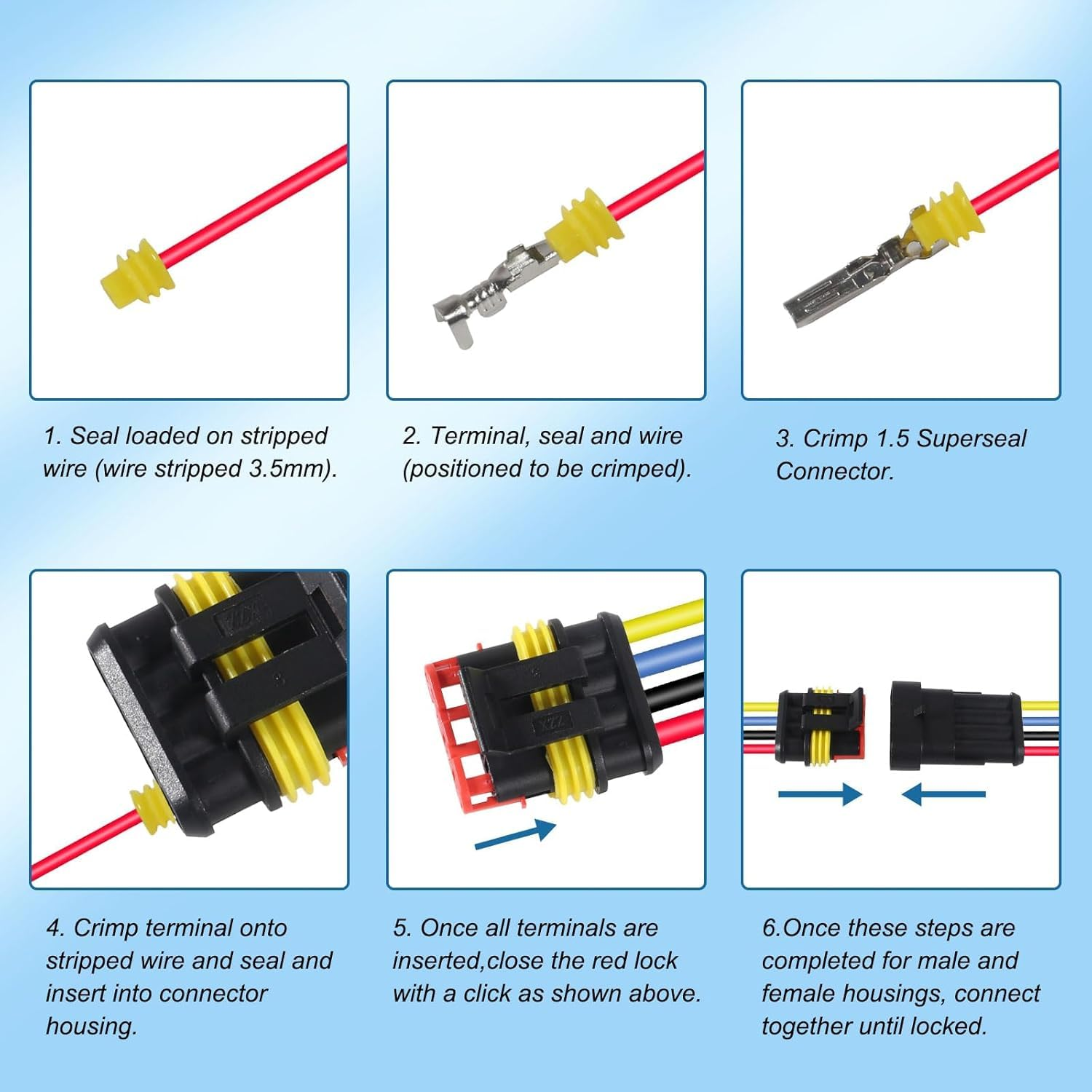 708PCS Waterproof Automotive Electrical Connector Terminals Kit,12V Car Electrical Wire Connectors Plug Kit,1/2/3/4/5/6 Male and Female Pin Connectors for Motorcycle, Truck, Car, Boats image number 6